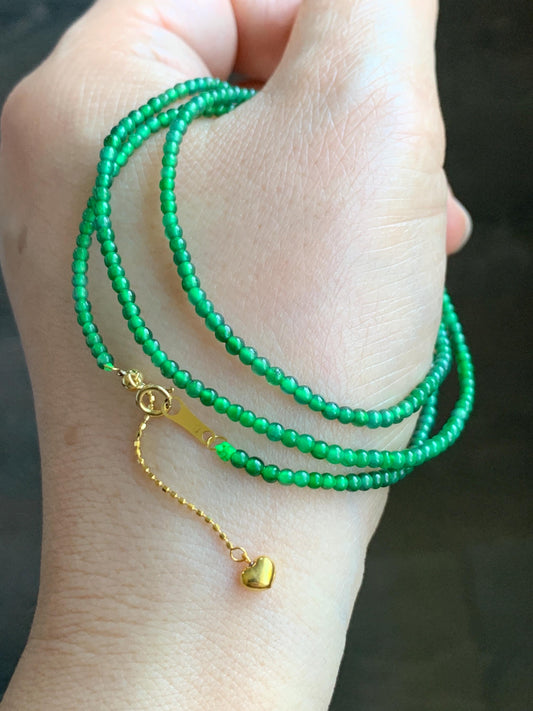 Natural Grade A Guatemalan Icy Translucent Vibrant Green Jadeite Petite Beaded Necklace 18K Yellow Gold 2.3mm 天然冰危绿翡翠小卡圆珠项链K金扣头