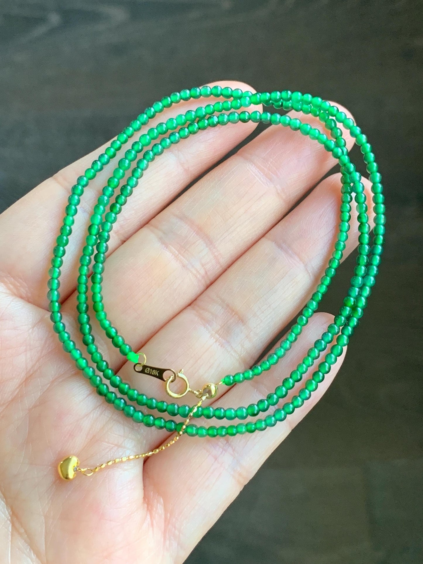 Natural Grade A Guatemalan Icy Translucent Vibrant Green Jadeite Petite Beaded Necklace 18K Yellow Gold