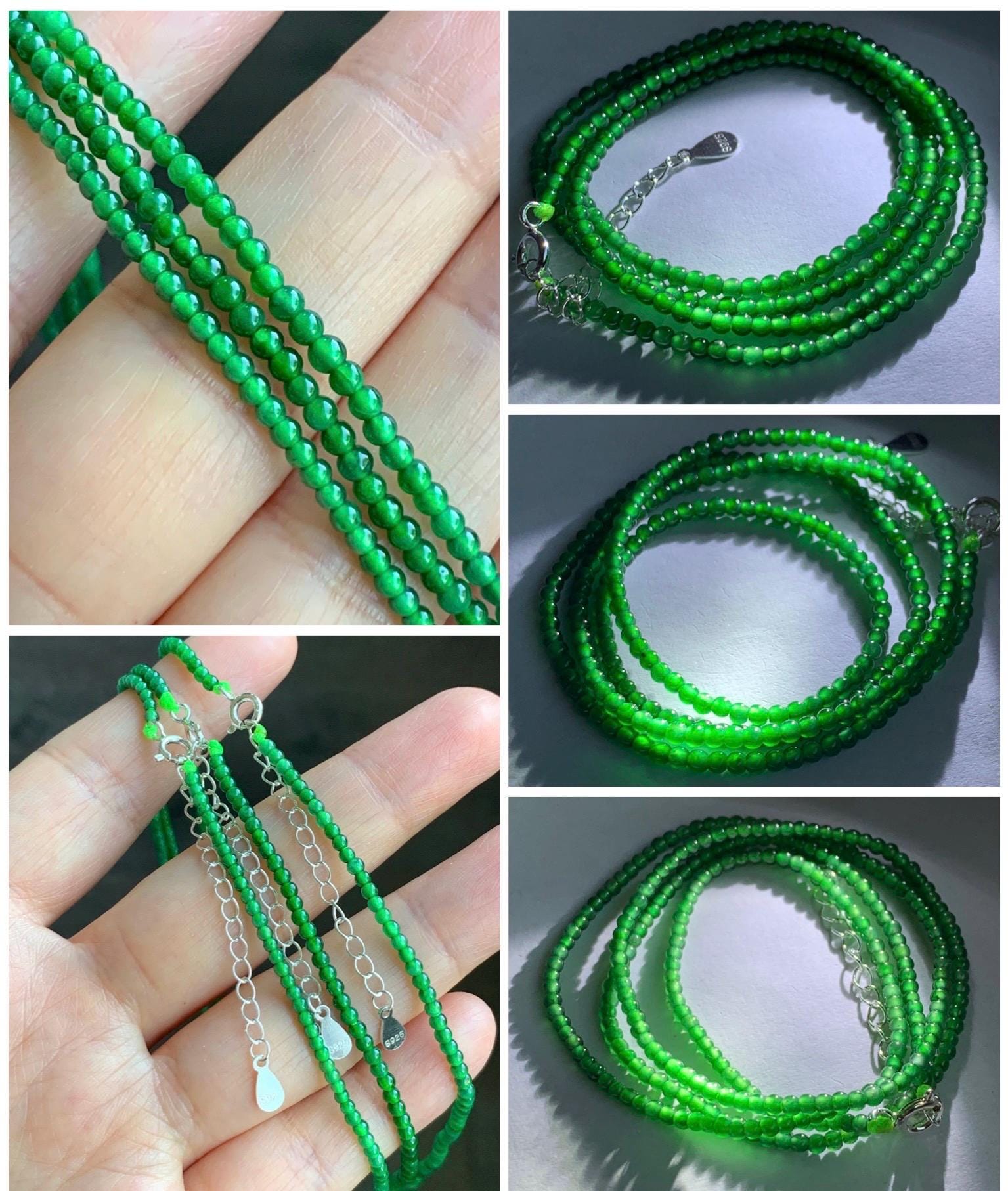 Natural Grade A Guatemalan Icy Translucent Vibrant Green Jadeite Petite Beaded Necklace Sterling Silver 2.3-2.5mm 6g 天然冰危绿翡翠小卡圆珠项链银扣头 WYK450