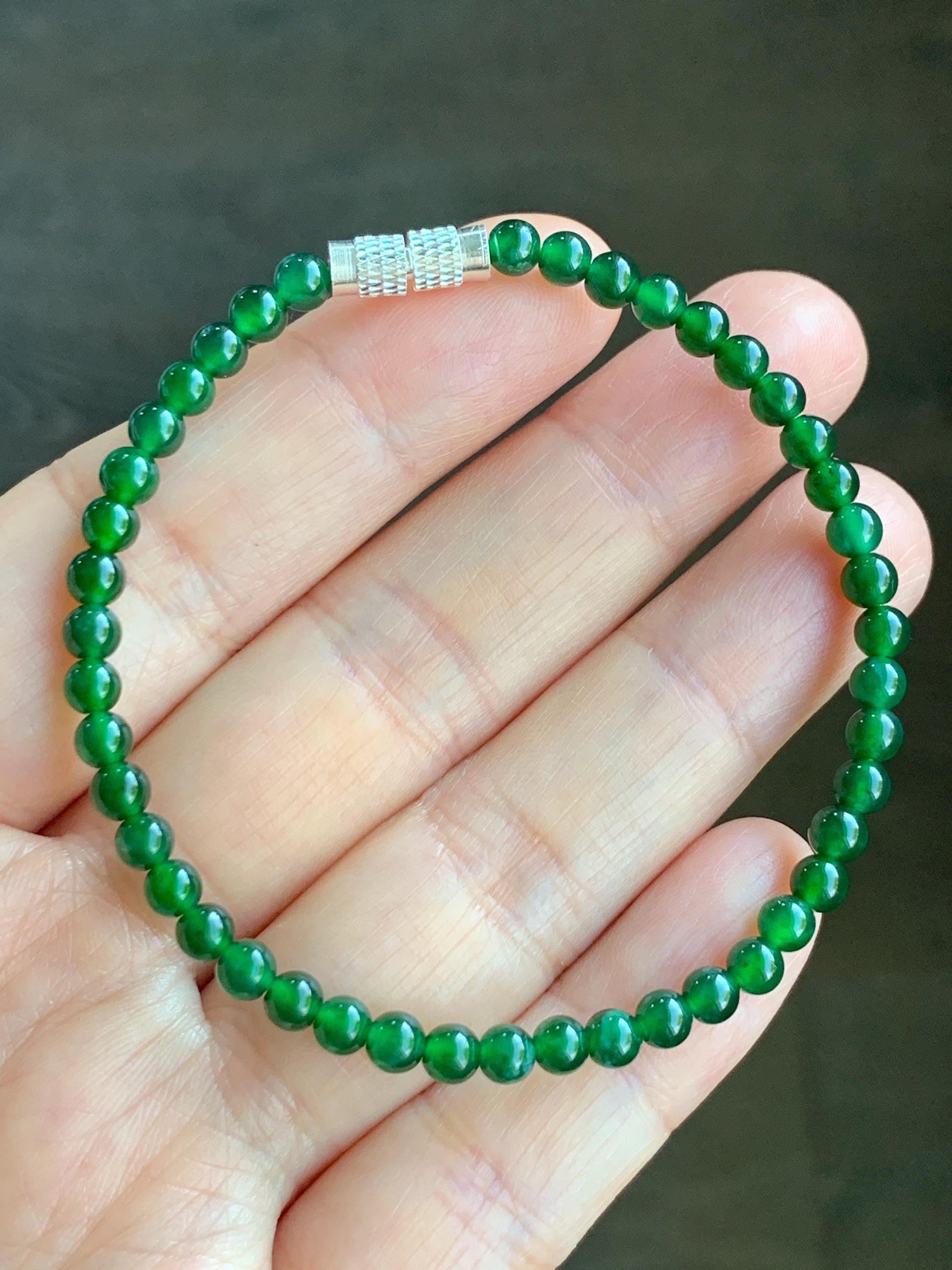 Certified Grade A Natural Guatemalan Icy Translucent Intense Green Jadeite Beads Beaded Bracelet 4mm 5.43g