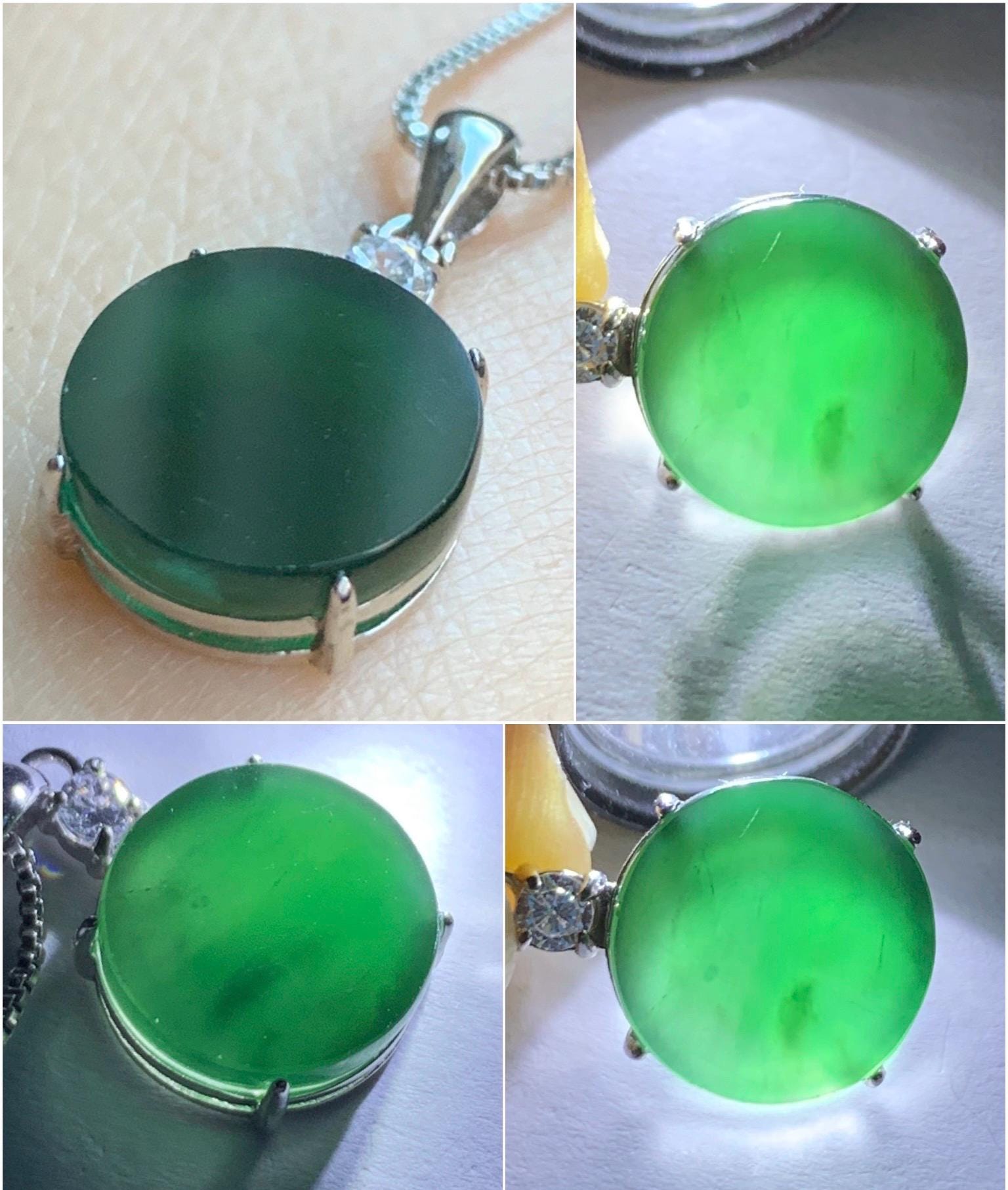 Natural Grade A Guatemalan Icy Translucent Dark Teal Green Jadeite Mini Wu Shi Pai Coin Pendant Sterling Silver 天然冰危湖水绿翡翠迷你无事牌镶嵌吊坠 HSL55