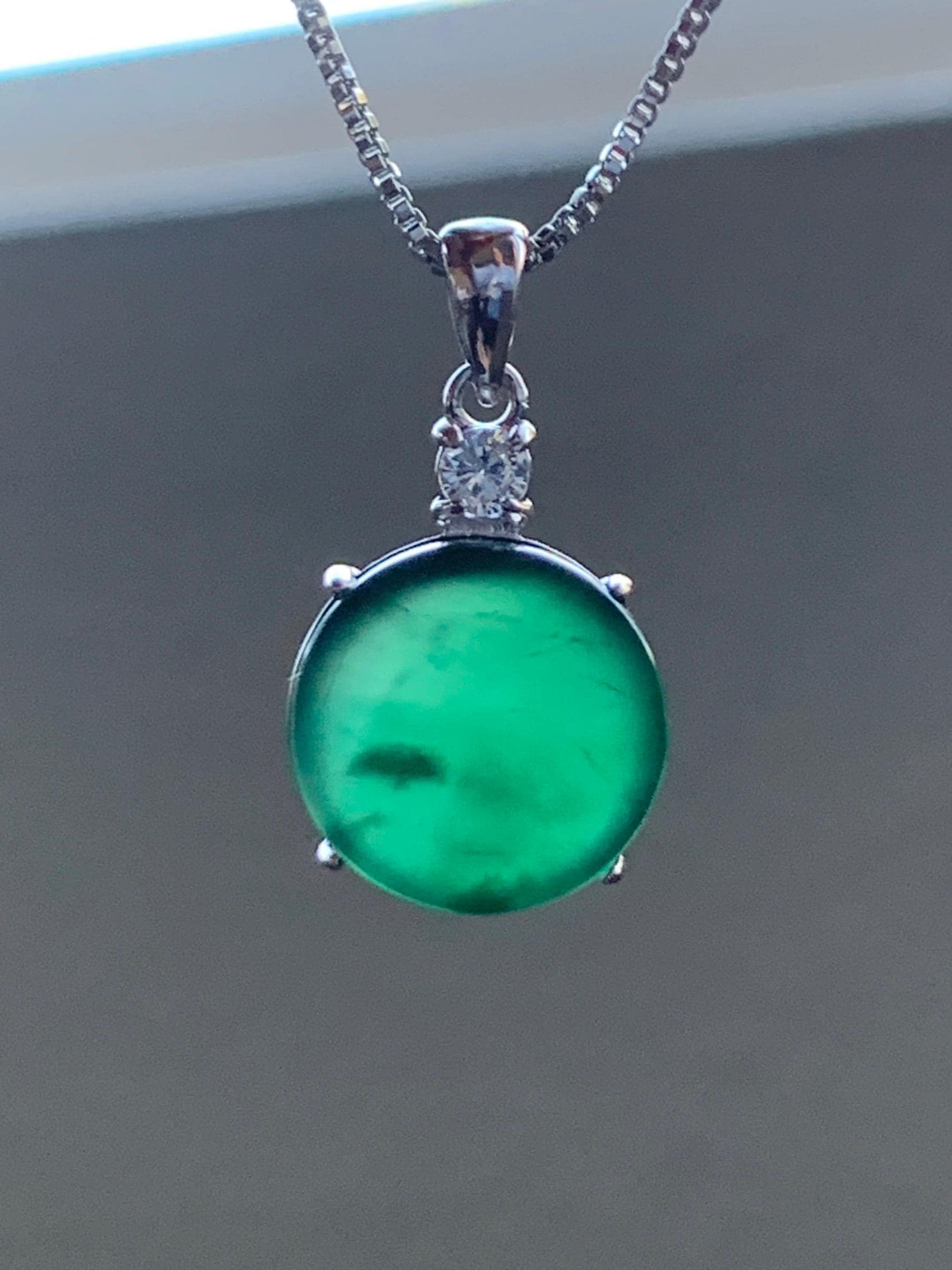 Natural Grade A Guatemalan Icy Translucent Dark Teal Green Jadeite Mini Wu Shi Pai Coin Pendant Sterling Silver 天然冰危湖水绿翡翠迷你无事牌镶嵌吊坠 HSL55