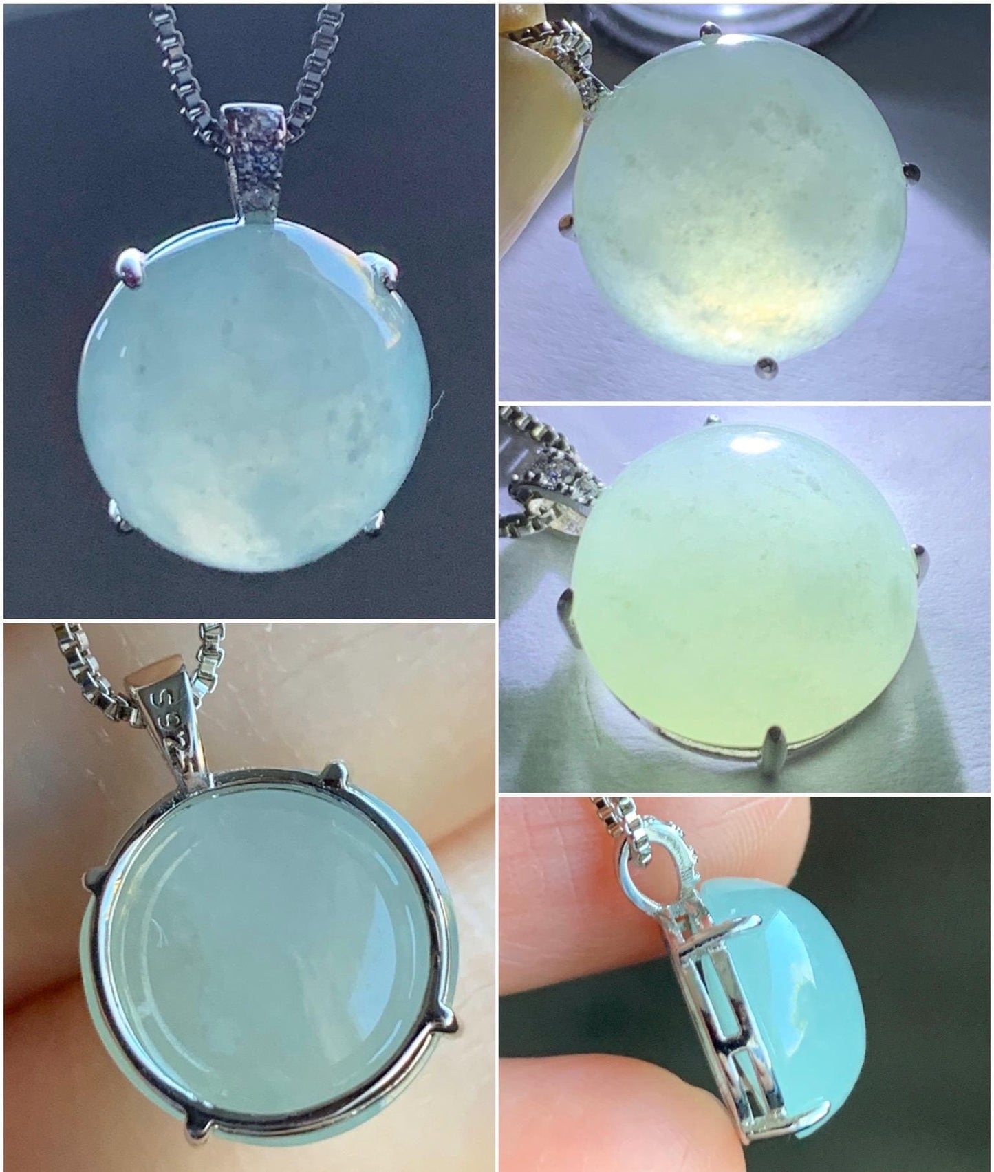 Natural Grade A Icy Translucent Pale Green Jadeite Round Cabochon Solitaire Pendant Sterling Silver 天然冰胶晴底翡翠源蛋面镶嵌吊坠 QDY68