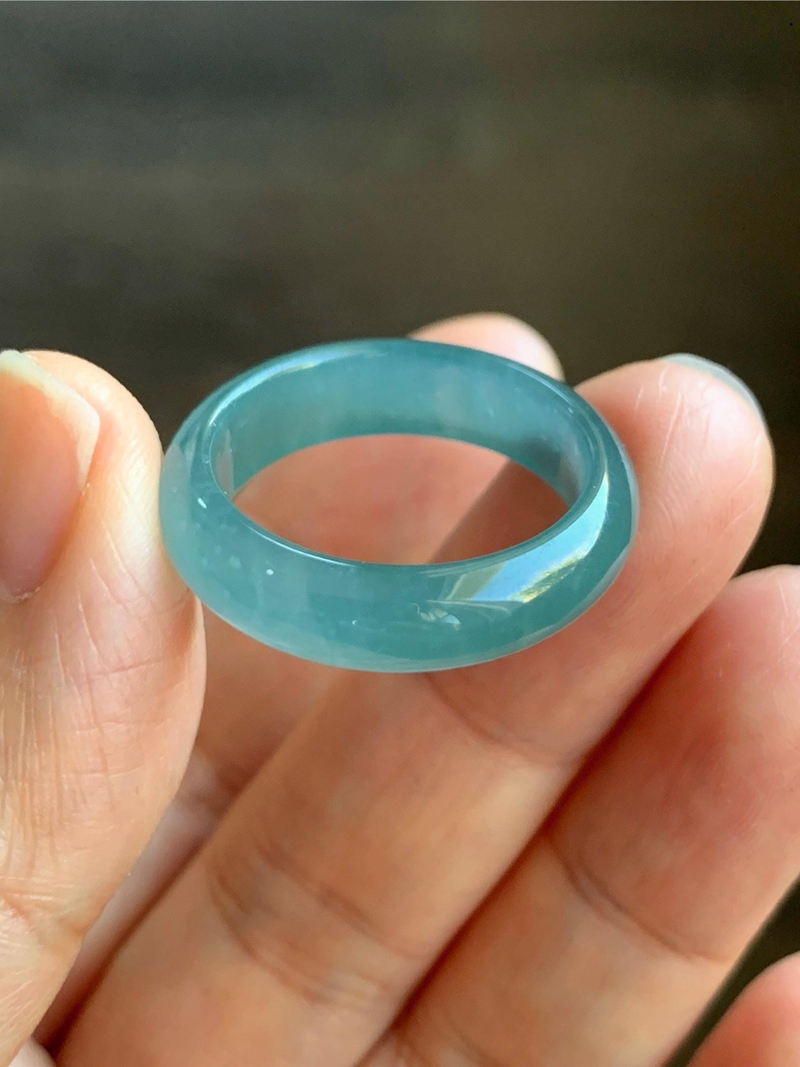Natural Grade A Guatemalan Icy Translucent Gelatinous Teal Blue Jadeite Wide Band Ring Size 10.25 US 天然冰危蓝翡翠戒圈 KBL118