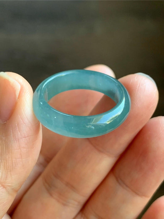 Natural Grade A Guatemalan Icy Translucent Gelatinous Teal Blue Jadeite Wide Band Ring Size 10.25 US 天然冰危蓝翡翠戒圈 KBL118