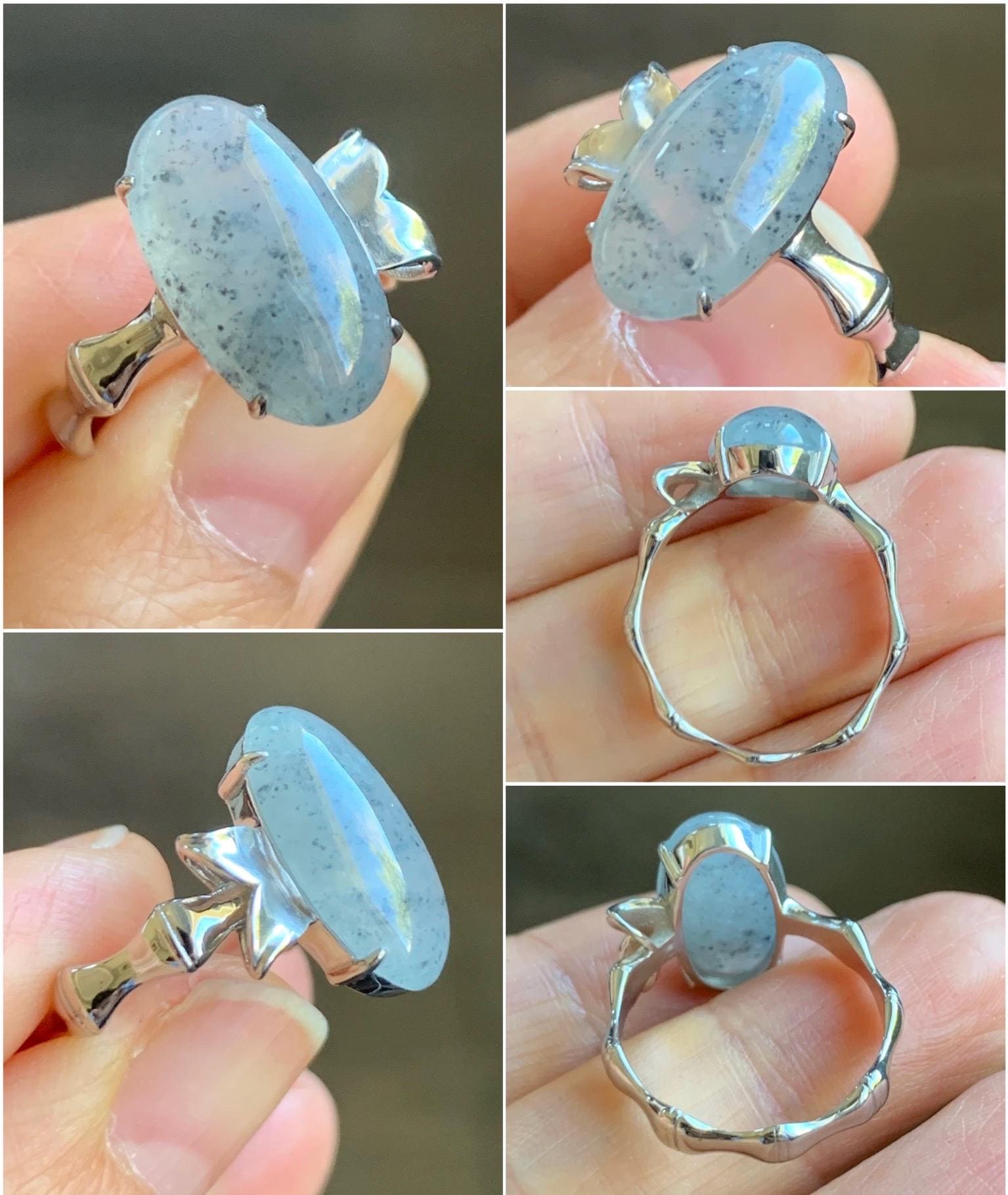 Certified Natural Grade A Icy Translucent Gelatinous Wuji Oval Jadeite Bamboo Ring Sterling Silver size 6.5 US 3.6g 天然冰胶乌鸡翡翠镶嵌竹节款戒指 7394
