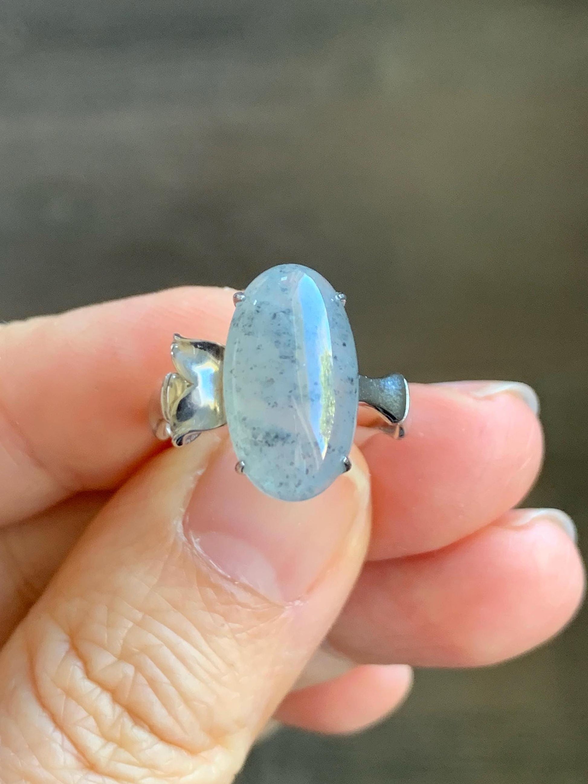 Certified Natural Grade A Icy Translucent Gelatinous Wuji Oval Jadeite Bamboo Ring Sterling Silver size 6.5 US 3.6g 天然冰胶乌鸡翡翠镶嵌竹节款戒指 7394