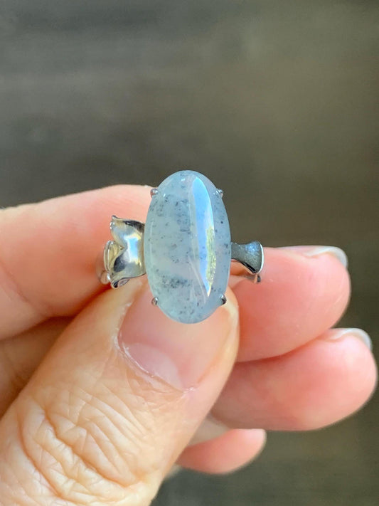 Certified Natural Grade A Icy Translucent Gelatinous Wuji Oval Jadeite Bamboo Ring Sterling Silver size 6.5 US 3.6g 天然冰胶乌鸡翡翠镶嵌竹节款戒指 7394