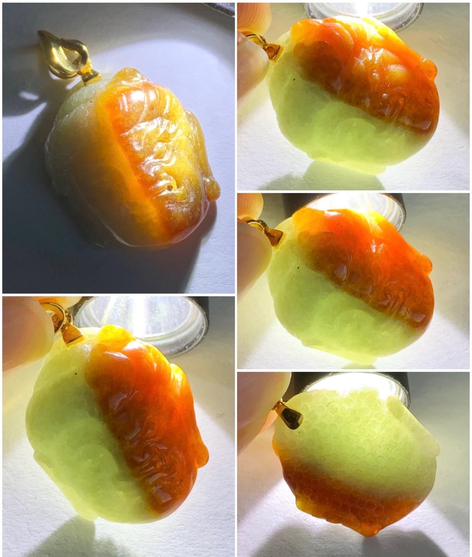 Certified Natural Grade A Icy Translucent Bicolored Rich Cognac Jadeite Kind and Evil Pendant 18K Yellow Gold 5g 天然双色飘红翡翠一念之间佛头镶嵌吊坠 7422