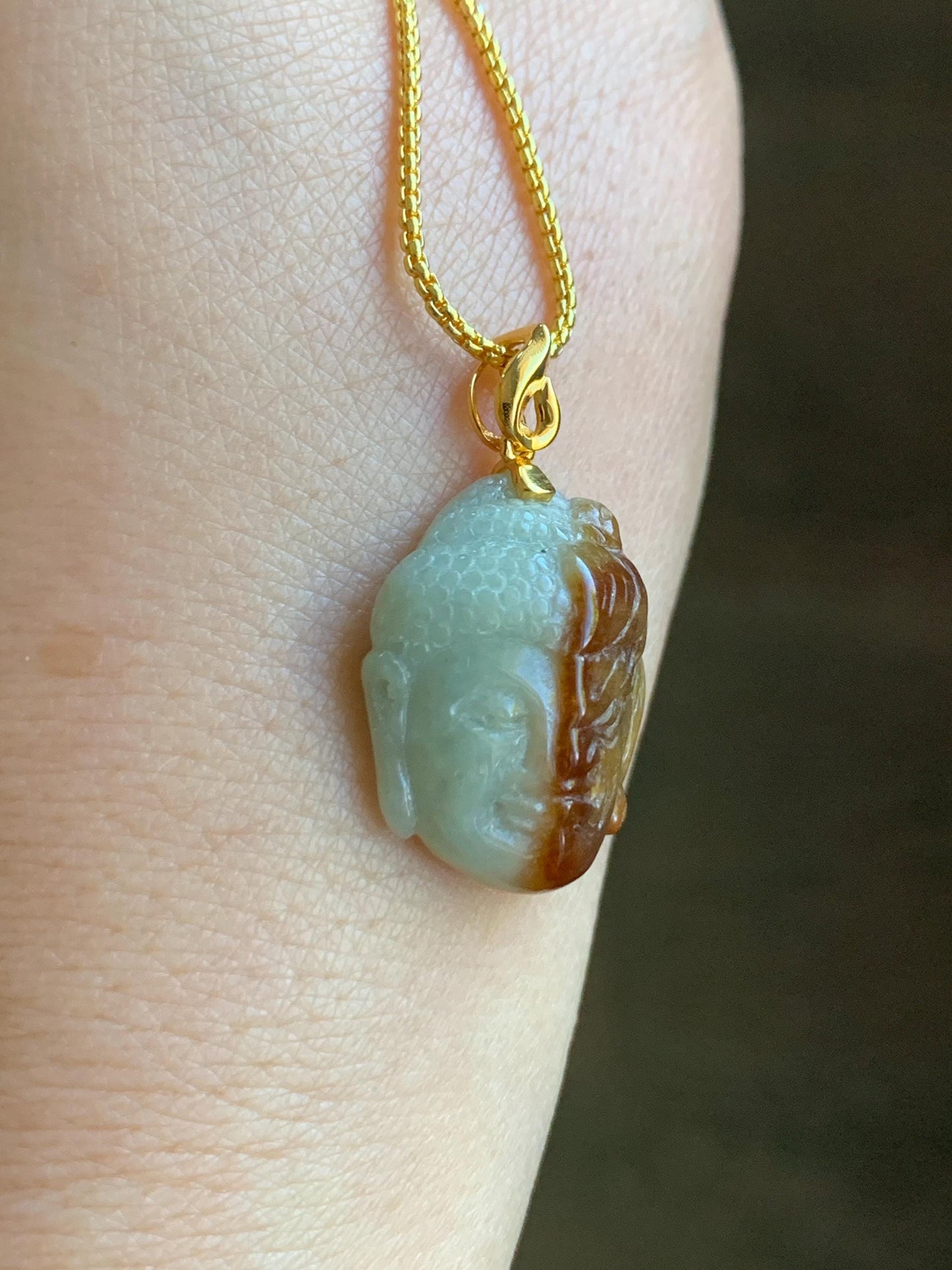 Certified Natural Grade A Icy Translucent Bicolored Rich Cognac Jadeite Kind and Evil Pendant 18K Yellow Gold 5g 天然双色飘红翡翠一念之间佛头镶嵌吊坠 7422
