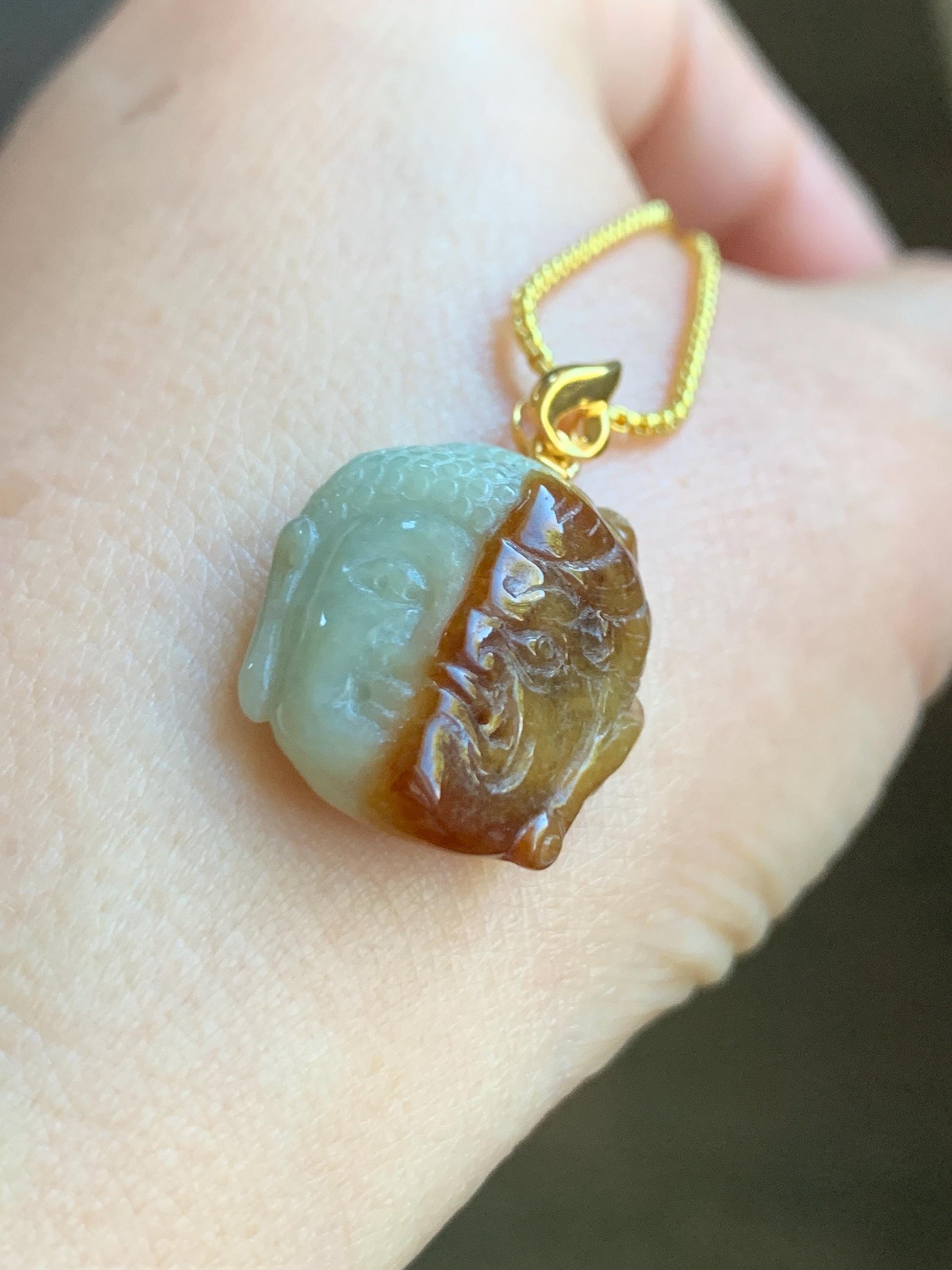 Certified Natural Grade A Icy Translucent Bicolored Rich Cognac Jadeite Kind and Evil Pendant 18K Yellow Gold 5g 天然双色飘红翡翠一念之间佛头镶嵌吊坠 7422
