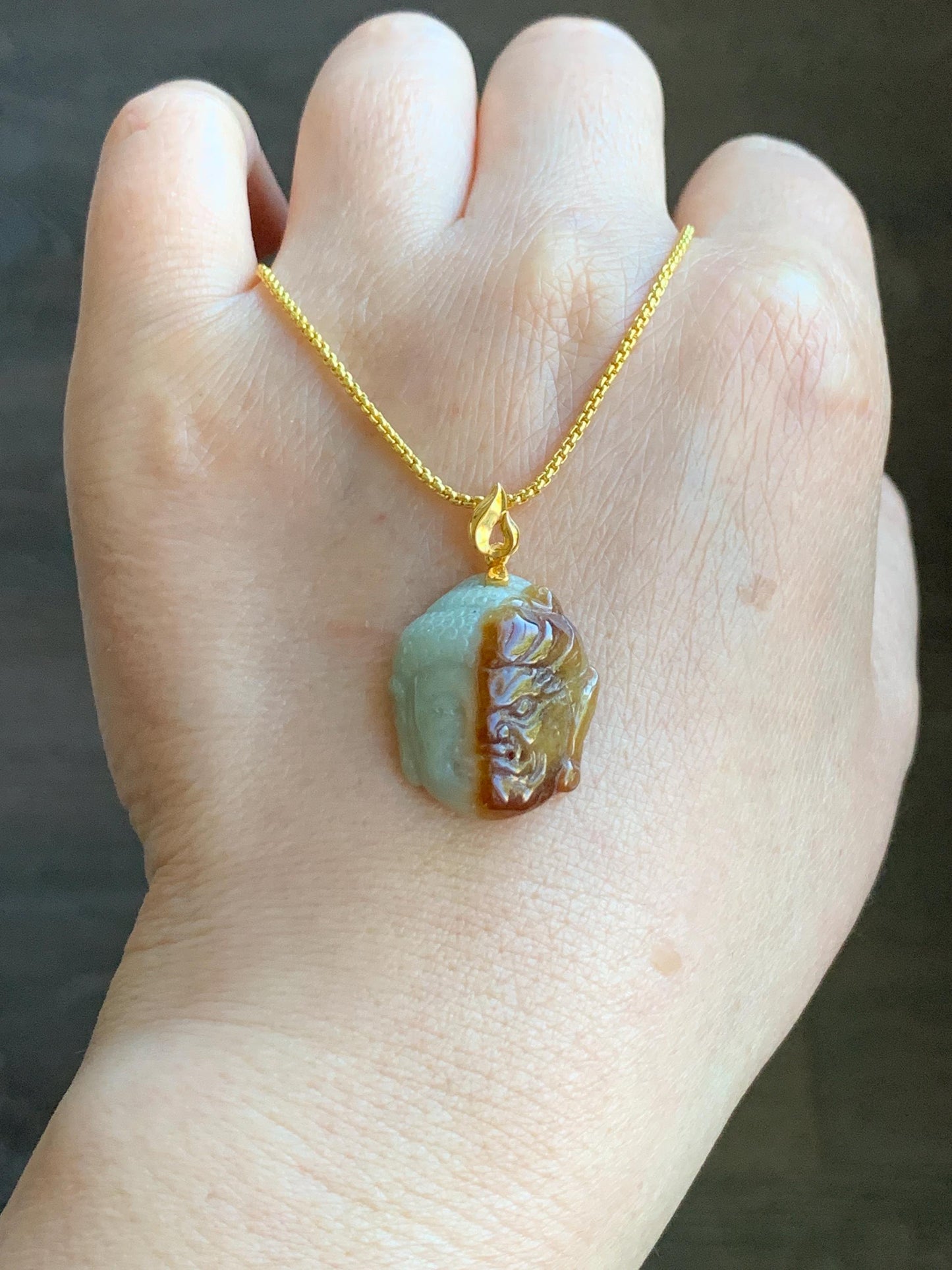 Certified Natural Grade A Icy Translucent Bicolored Rich Cognac Jadeite Kind and Evil Pendant 18K Yellow Gold 5g 天然双色飘红翡翠一念之间佛头镶嵌吊坠 7422