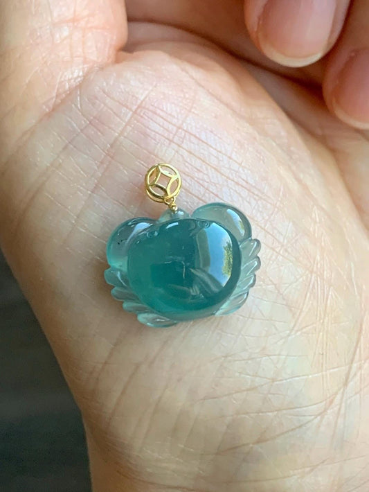 Natural Grade A Guatemalan Premium Icy Highly Translucent Teal Blue Jadeite Crab Pendant 18K Yellow Gold Bail 3g 天然冰危蓝绿起光翡翠螃蟹镶嵌吊坠