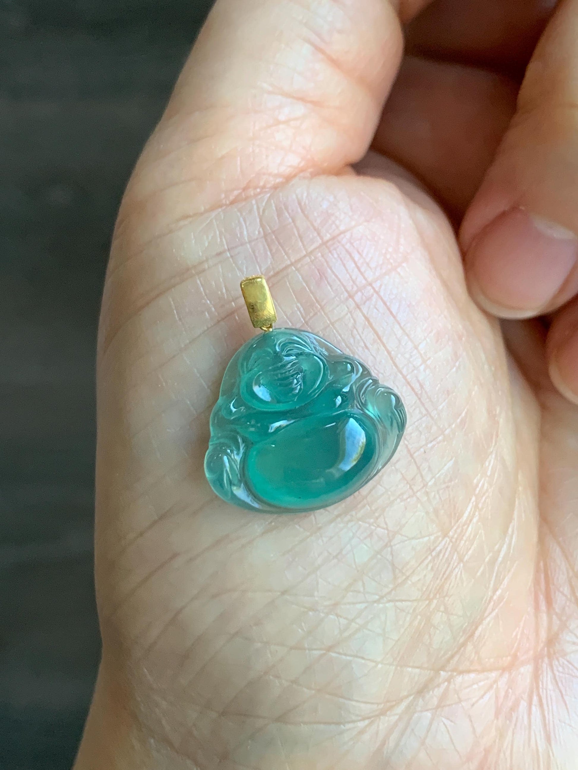 Natural Grade A Guatemalan Premium Icy Highly Translucent Teal Green Jadeite Buddha Pendant 18K Yellow Gold Bail 2g 天然冰危蓝绿起光翡翠佛公镶嵌吊坠