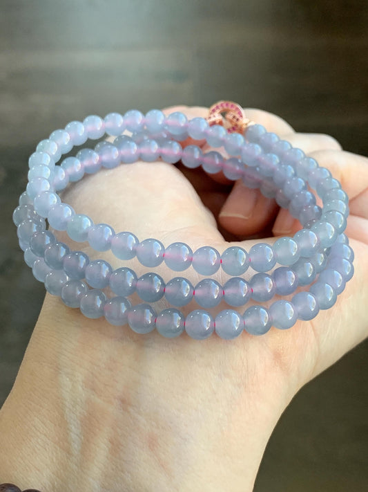 Certified Grade A Natural Guatemalan Icy Highly Translucent Light Pastel Blue Jadeite Beaded Necklace 5.8mm 24” 36.5g 天然高冰起光淡蓝紫翡翠圆珠长串项链