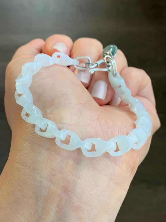 Natural Grade A Icy Translucent White Jadeite Carved Interlocking Dragon Bone Link Chain Bracelet Sterling Silver 7.5” 天然白冰胶翡翠龙骨雕手链冰危翡翠平安扣吊坠