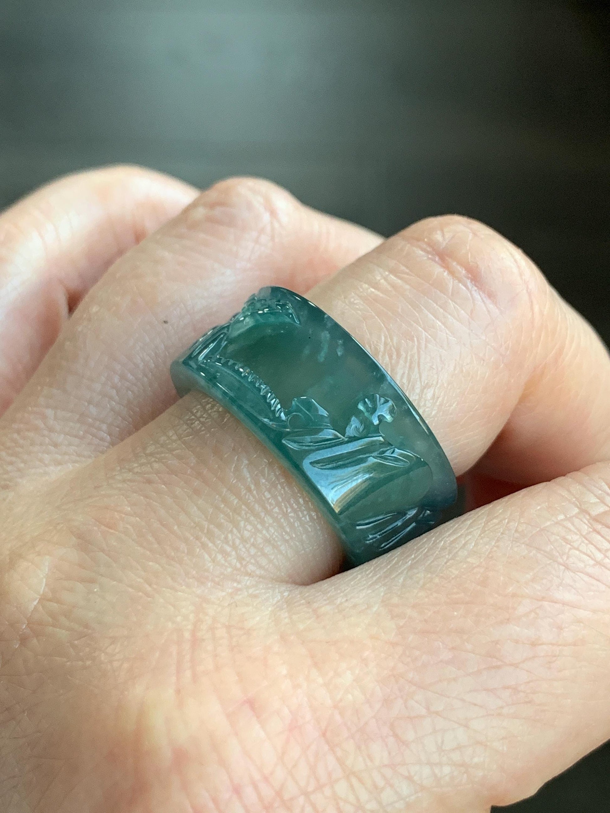 Certified Natural Guatemalan Icy Highly Translucent Dark Teal Green Jadeite Engraved Shan Shui Band Ring Banzhi Size 10