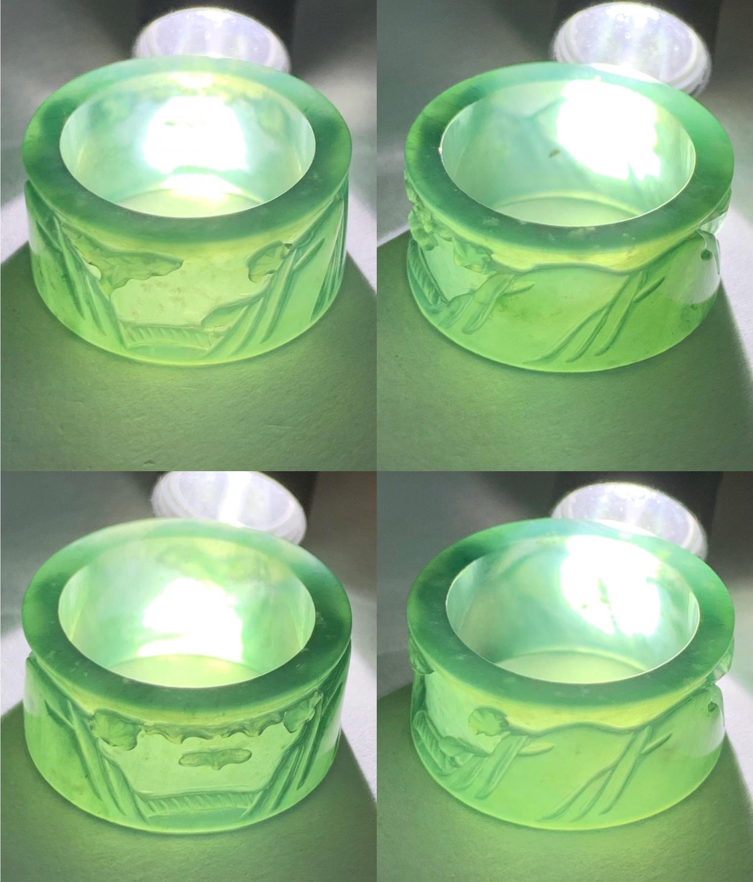 Certified Natural Guatemalan Icy Highly Translucent Dark Teal Green Jadeite Engraved Shan Shui Band Ring Banzhi Size 10 天然高冰危蓝绿翡翠山水戒圈 1690
