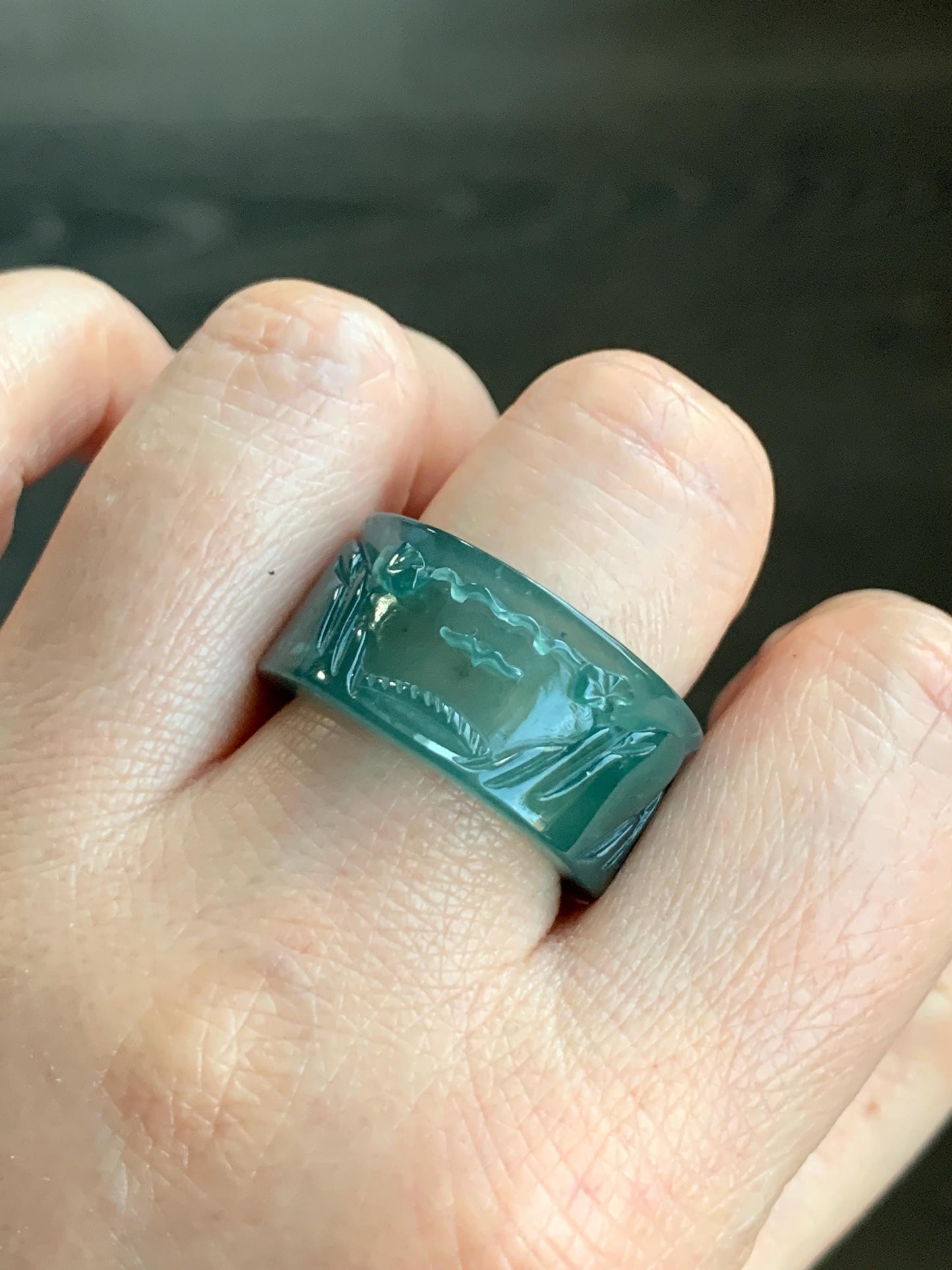 Certified Natural Guatemalan Icy Highly Translucent Dark Teal Green Jadeite Engraved Shan Shui Band Ring Banzhi Size 10