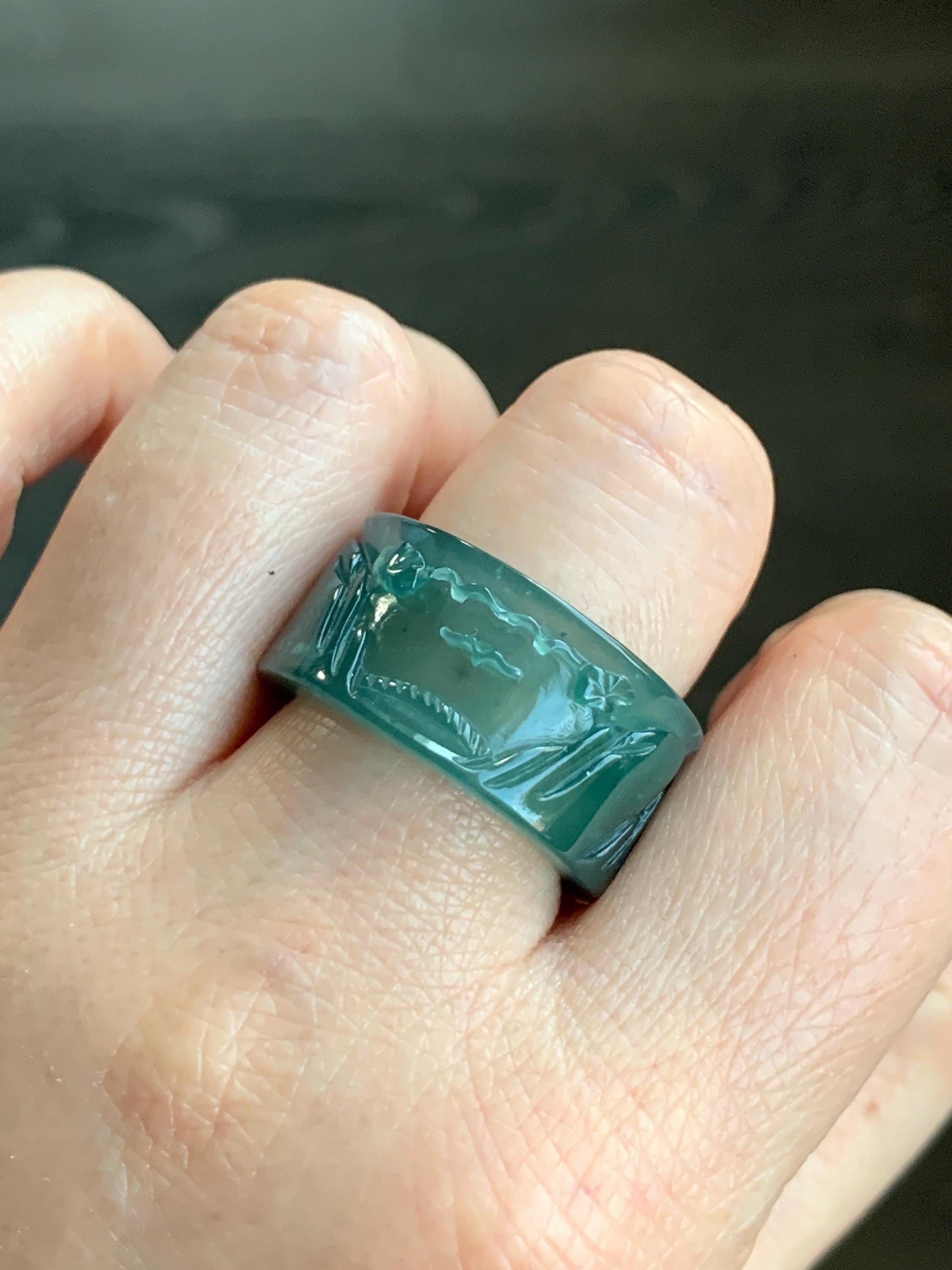 Certified Natural Guatemalan Icy Highly Translucent Dark Teal Green Jadeite Engraved Shan Shui Band Ring Banzhi Size 10