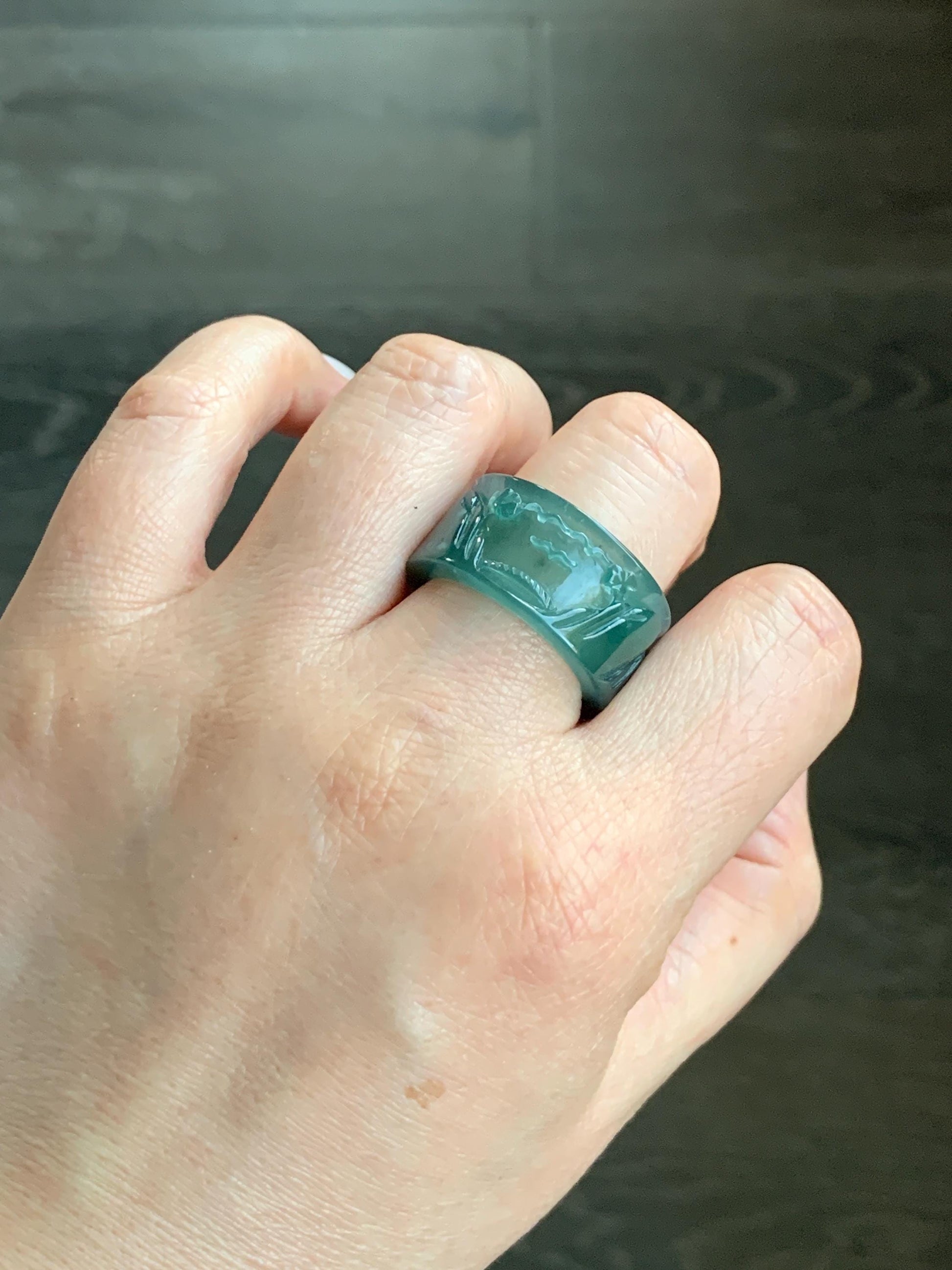 Certified Natural Guatemalan Icy Highly Translucent Dark Teal Green Jadeite Engraved Shan Shui Band Ring Banzhi Size 10