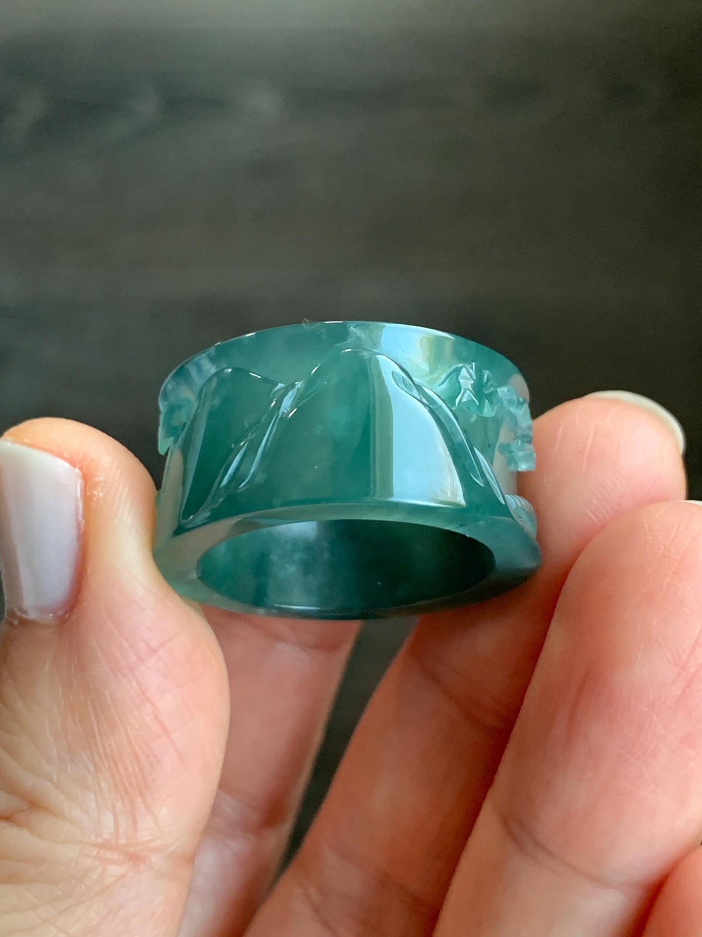 Certified Natural Guatemalan Icy Highly Translucent Dark Teal Green Jadeite Engraved Shan Shui Band Ring Banzhi Size 10