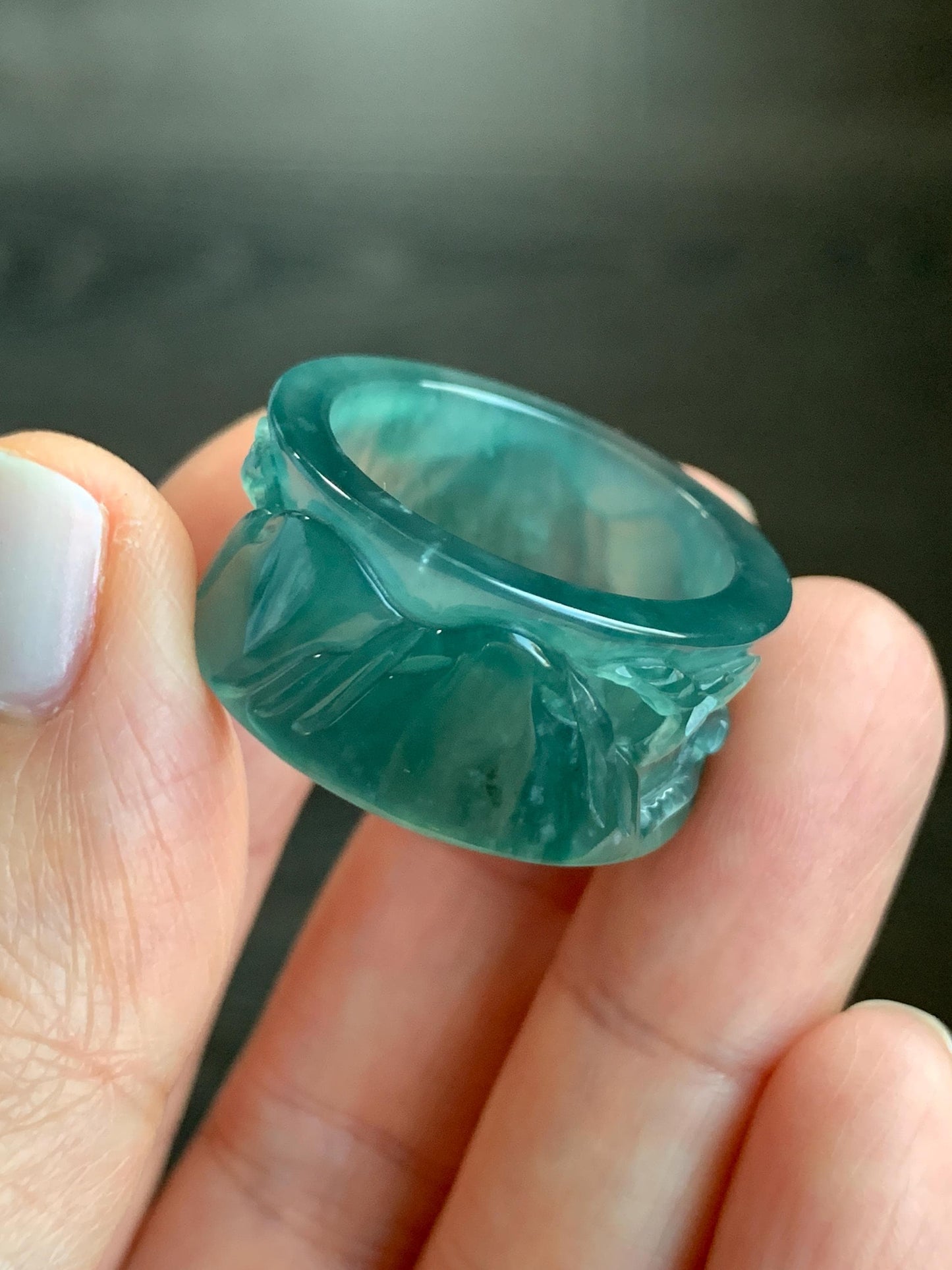 Certified Natural Guatemalan Icy Highly Translucent Dark Teal Green Jadeite Engraved Shan Shui Band Ring Banzhi Size 10