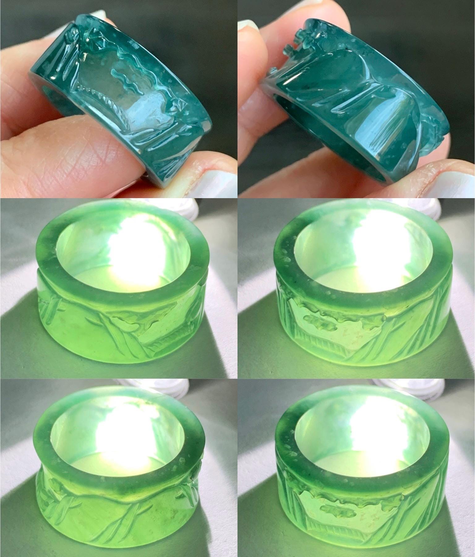 Certified Natural Guatemalan Icy Highly Translucent Dark Teal Green Jadeite Engraved Shan Shui Band Ring Banzhi Size 10 天然高冰危蓝绿翡翠山水戒圈 1688