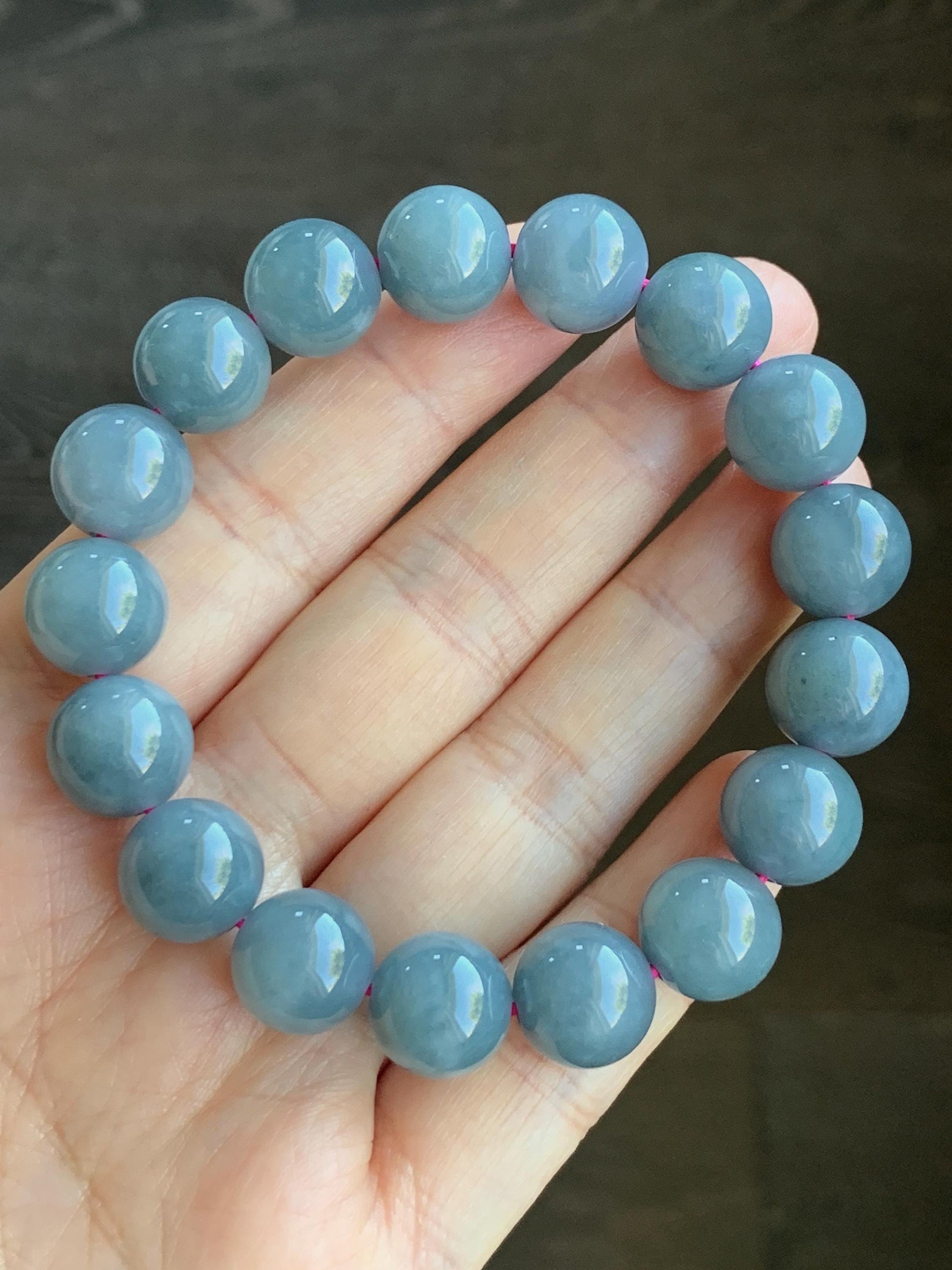LARGE Natural Grade A Guatemalan Icy Translucent Dusty Purplish Blue Jadeite Beaded Bracelet 11.9mm 49g