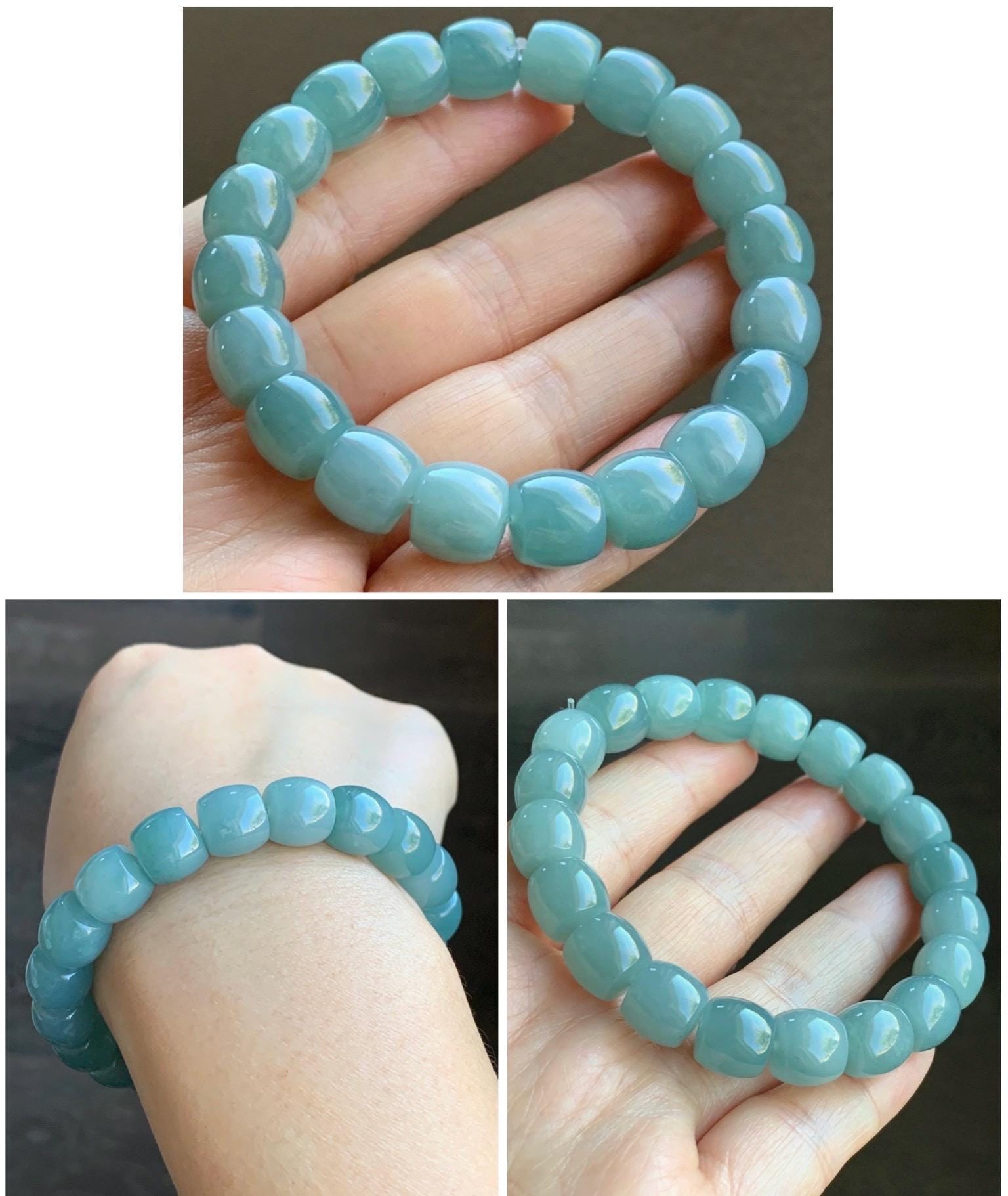 Natural Grade A Guatemalan Icy Translucent Gelatinous Blue Jadeite Barrel Beads Beaded Bracelet Stretchy 49g