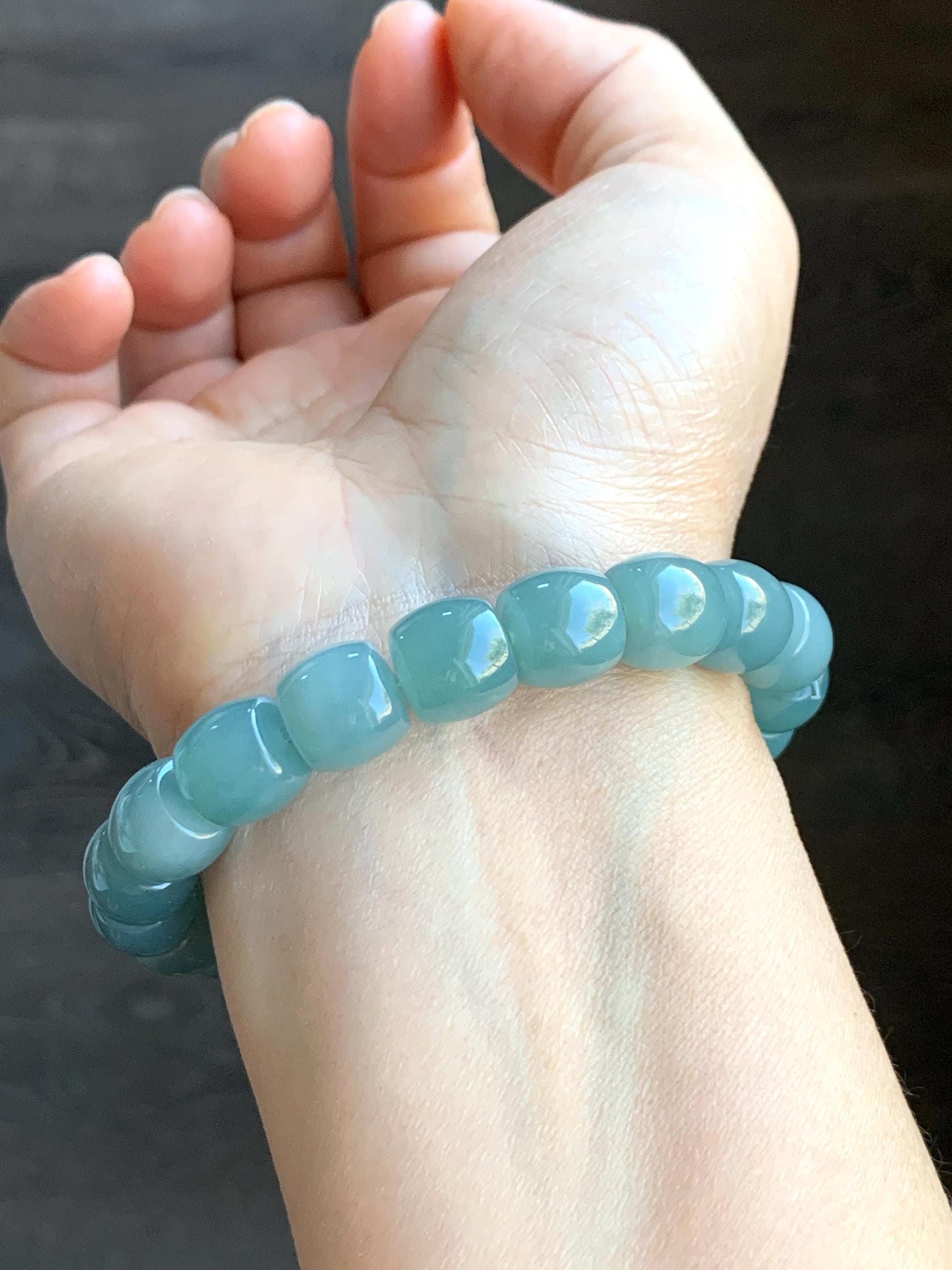 Natural Grade A Guatemalan Icy Translucent Gelatinous Blue Jadeite Barrel Beads Beaded Bracelet Stretchy 49g