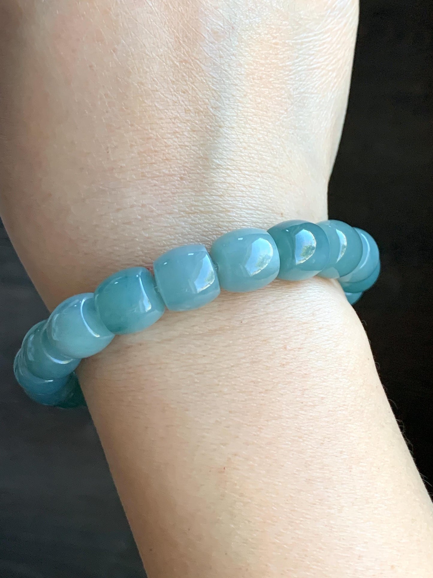 Natural Grade A Guatemalan Icy Translucent Gelatinous Blue Jadeite Barrel Beads Beaded Bracelet Stretchy 49g