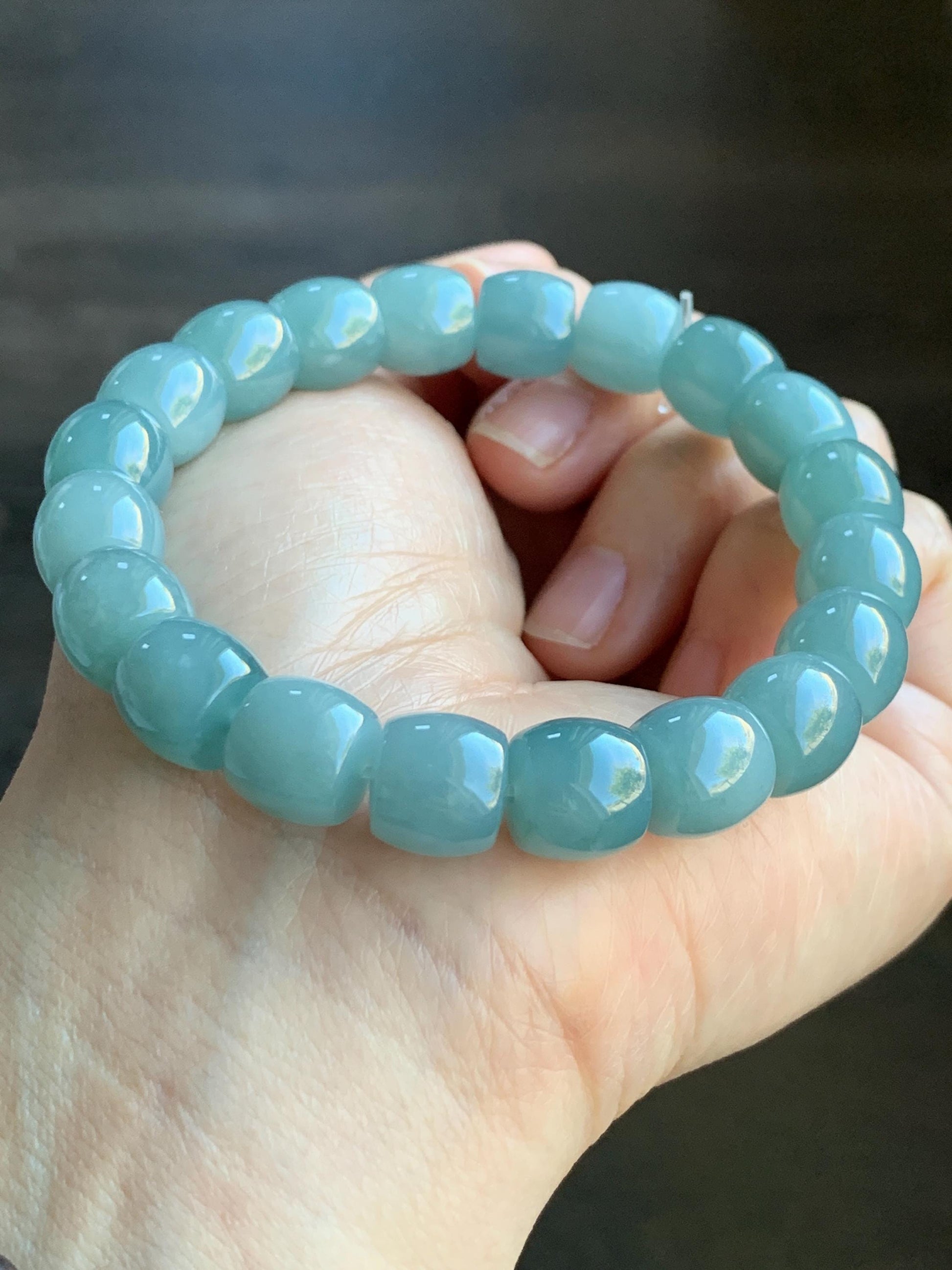 Natural Grade A Guatemalan Icy Translucent Gelatinous Blue Jadeite Barrel Beads Beaded Bracelet Stretchy 49g