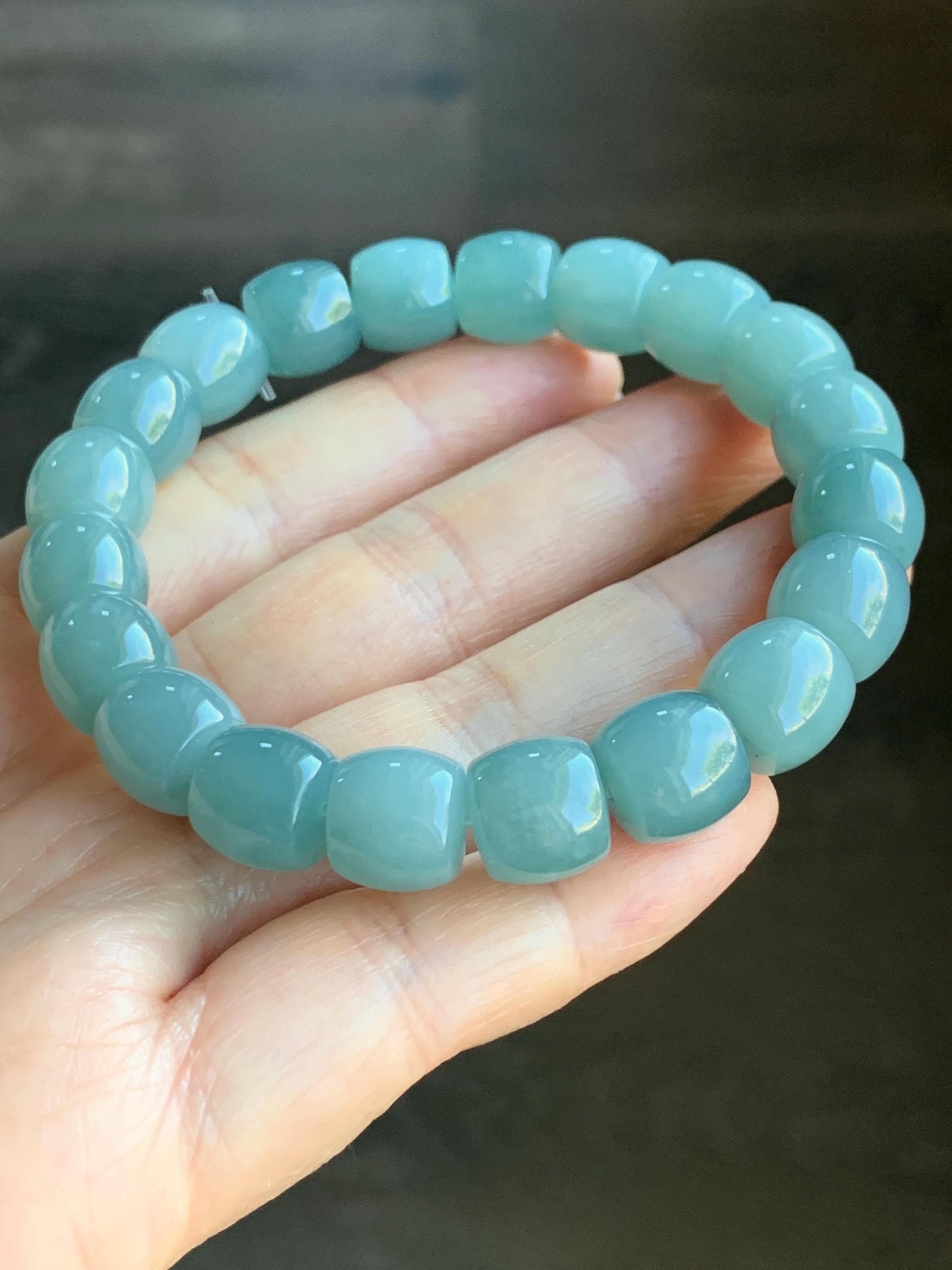 Natural Grade A Guatemalan Icy Translucent Gelatinous Blue Jadeite Barrel Beads Beaded Bracelet Stretchy 49g
