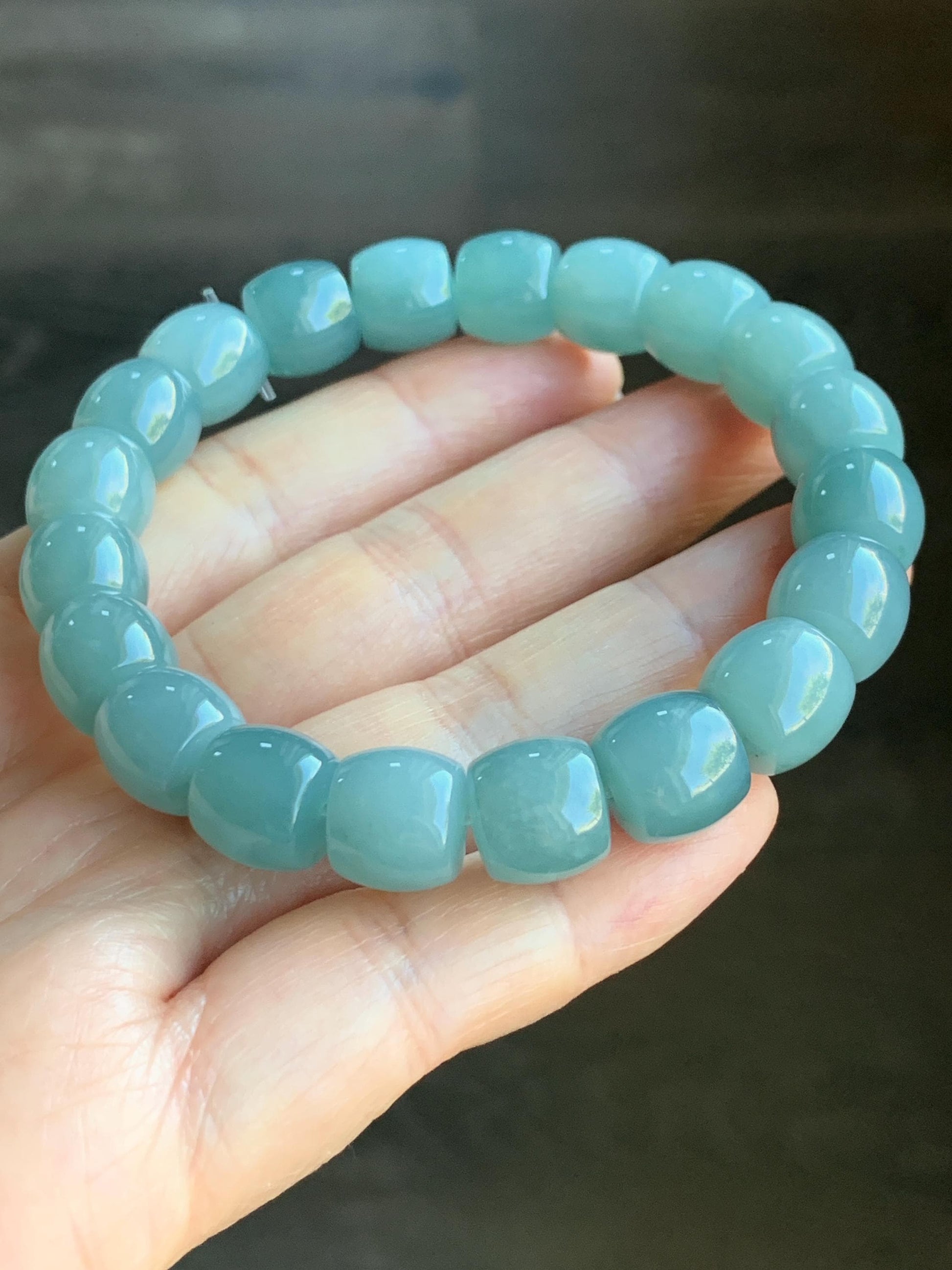 Natural Grade A Guatemalan Icy Translucent Gelatinous Blue Jadeite Barrel Beads Beaded Bracelet Stretchy 49g