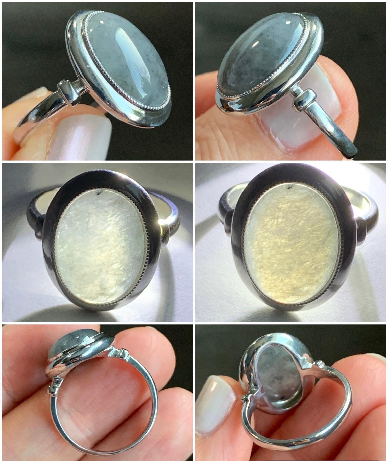 Certified Natural Grade A Icy Translucent Gelatinous Wuji Oval Jadeite Solitaire Ring Sterling Silver Size 7.25 US 4.43g 天然冰胶乌鸡翡翠镶嵌戒指 7404