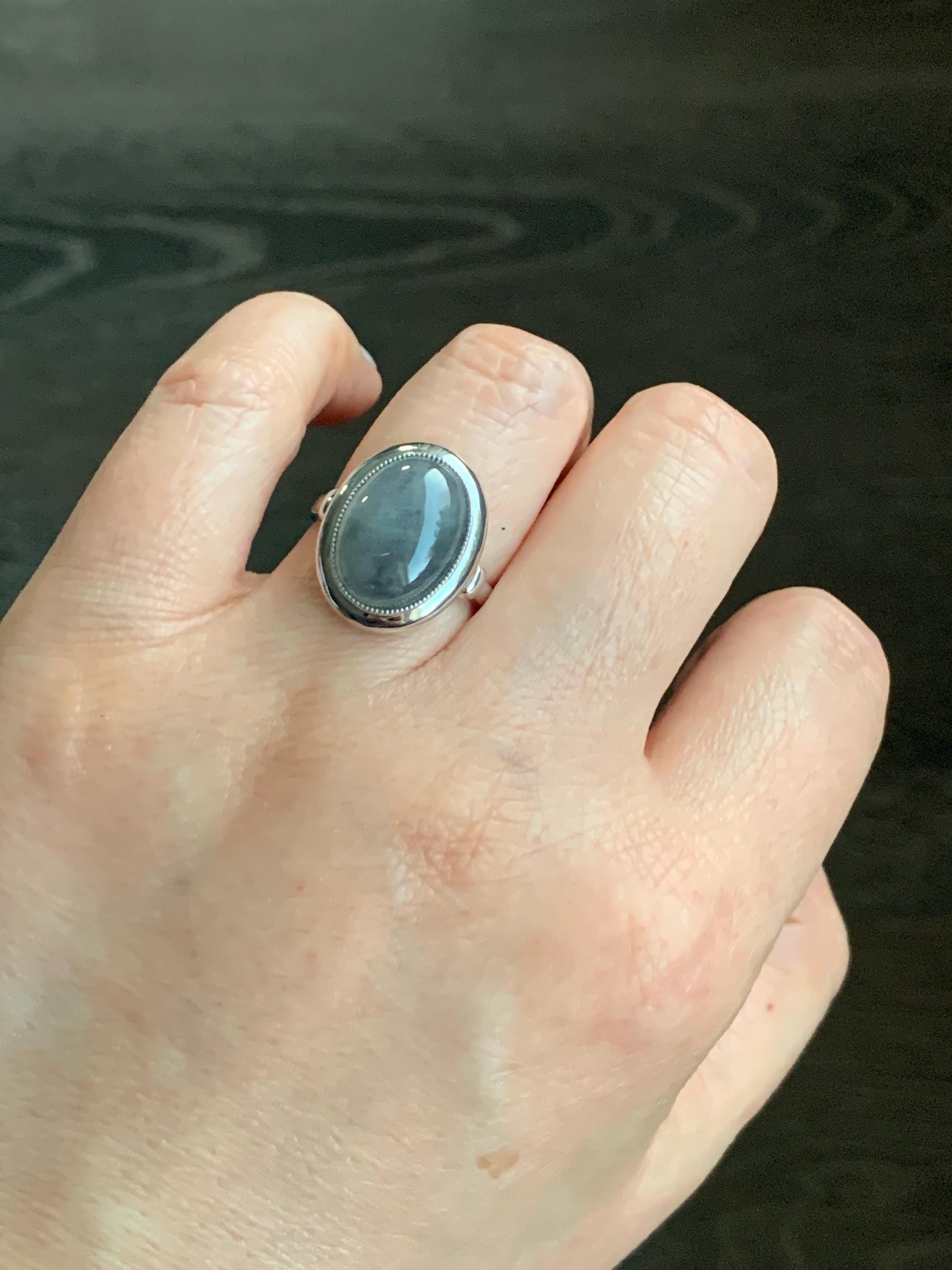 Certified Natural Grade A Icy Translucent Gelatinous Wuji Oval Jadeite Solitaire Ring Sterling Silver Size 7.25 US 4.43g 天然冰胶乌鸡翡翠镶嵌戒指 7404