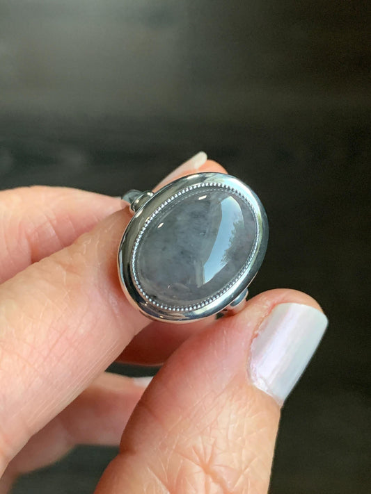 Certified Natural Grade A Icy Translucent Gelatinous Wuji Oval Jadeite Solitaire Ring Sterling Silver Size 7.25 US 4.43g 天然冰胶乌鸡翡翠镶嵌戒指