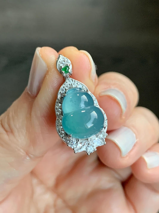 Natural Guatemalan Icy Highly Translucent Teal Blue Jadeite Gourd Hulu Pendant w/ Vibrant Green Jadeite Sterling Silver 天然冰危蓝翡翠葫芦银镶吊坠