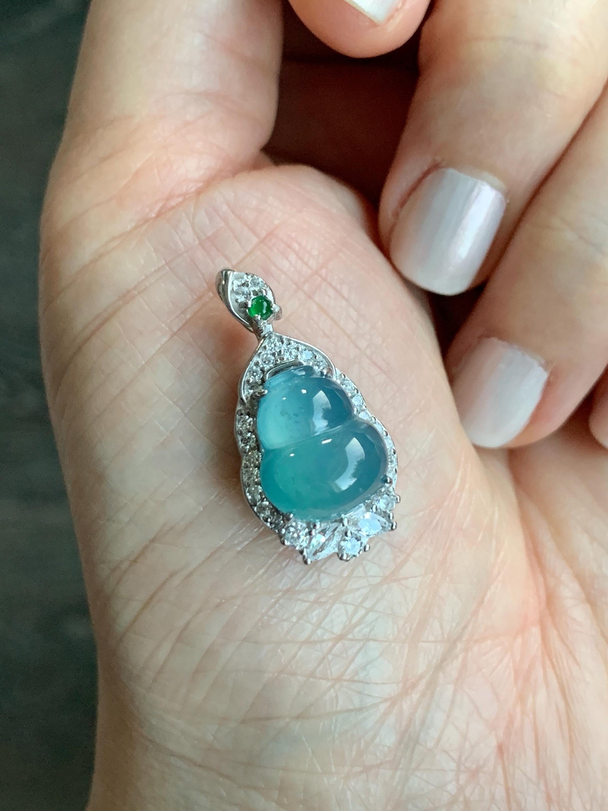 Natural Guatemalan Icy Highly Translucent Teal Blue Jadeite Gourd Hulu Pendant w/ Vibrant Green Jadeite Sterling Silver