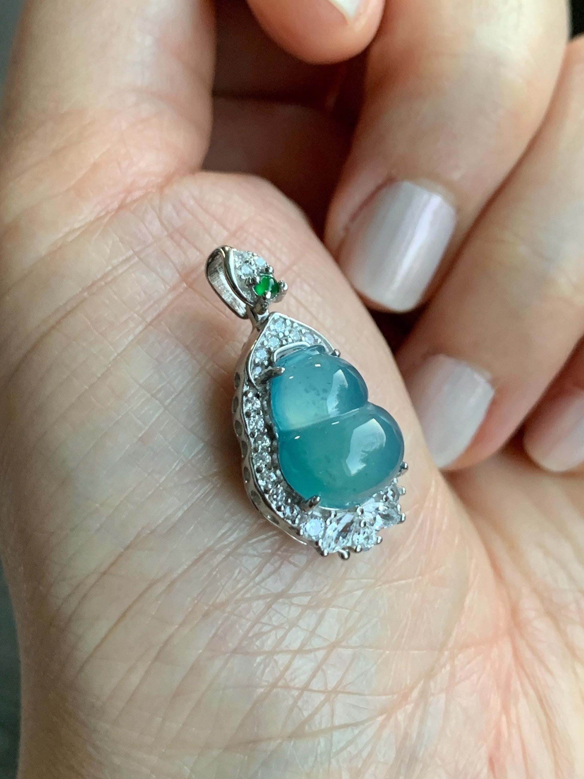 Natural Guatemalan Icy Highly Translucent Teal Blue Jadeite Gourd Hulu Pendant w/ Vibrant Green Jadeite Sterling Silver