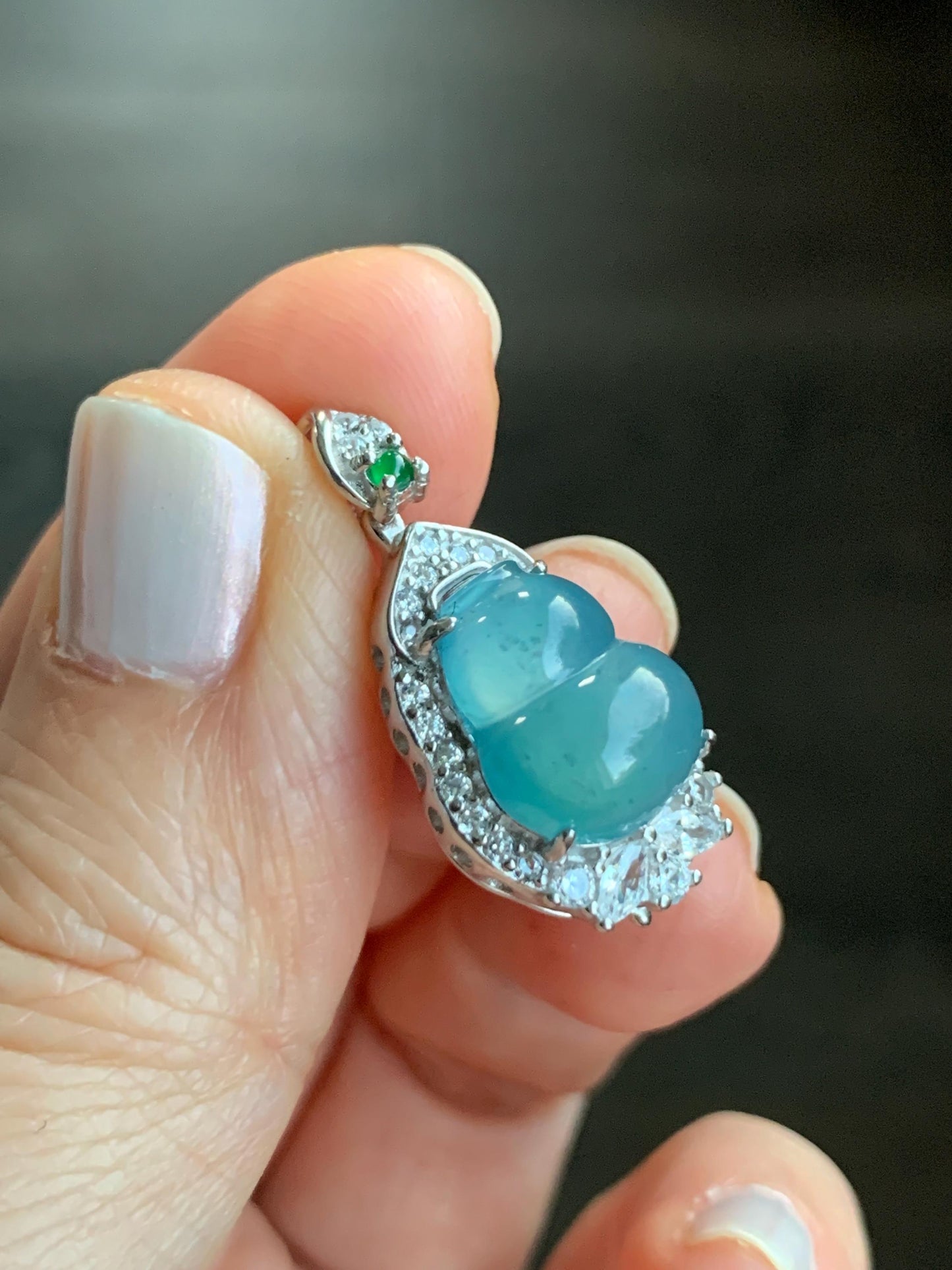 Natural Guatemalan Icy Highly Translucent Teal Blue Jadeite Gourd Hulu Pendant w/ Vibrant Green Jadeite Sterling Silver 天然冰危蓝翡翠葫芦银镶吊坠