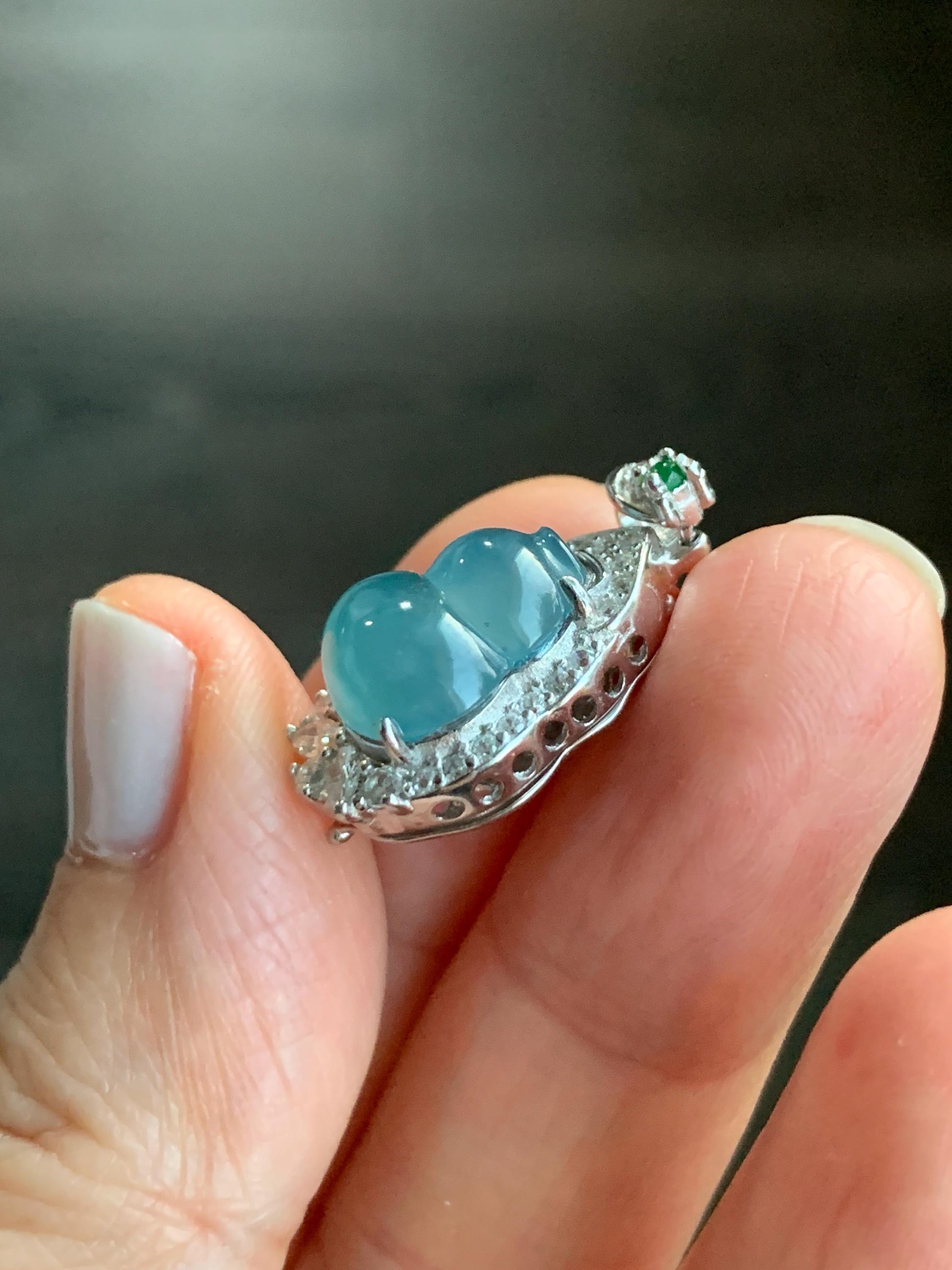 Natural Guatemalan Icy Highly Translucent Teal Blue Jadeite Gourd Hulu Pendant w/ Vibrant Green Jadeite Sterling Silver 天然冰危蓝翡翠葫芦银镶吊坠