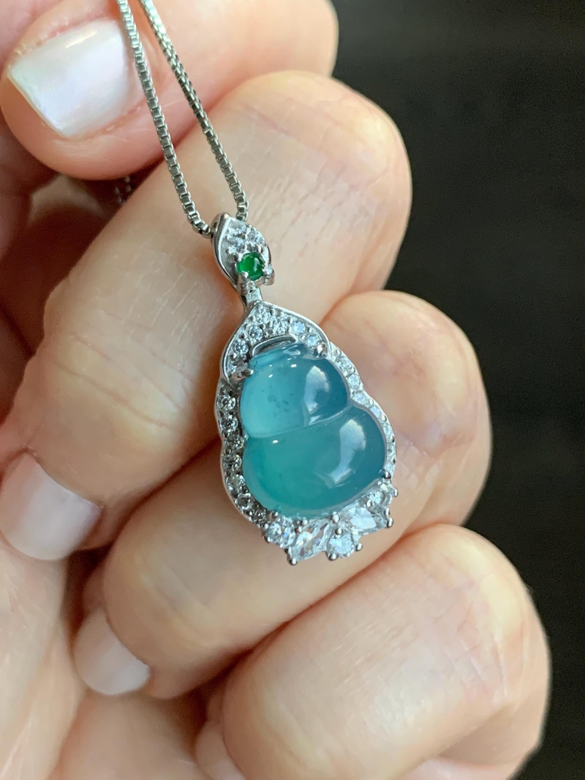 Natural Guatemalan Icy Highly Translucent Teal Blue Jadeite Gourd Hulu Pendant w/ Vibrant Green Jadeite Sterling Silver 天然冰危蓝翡翠葫芦银镶吊坠