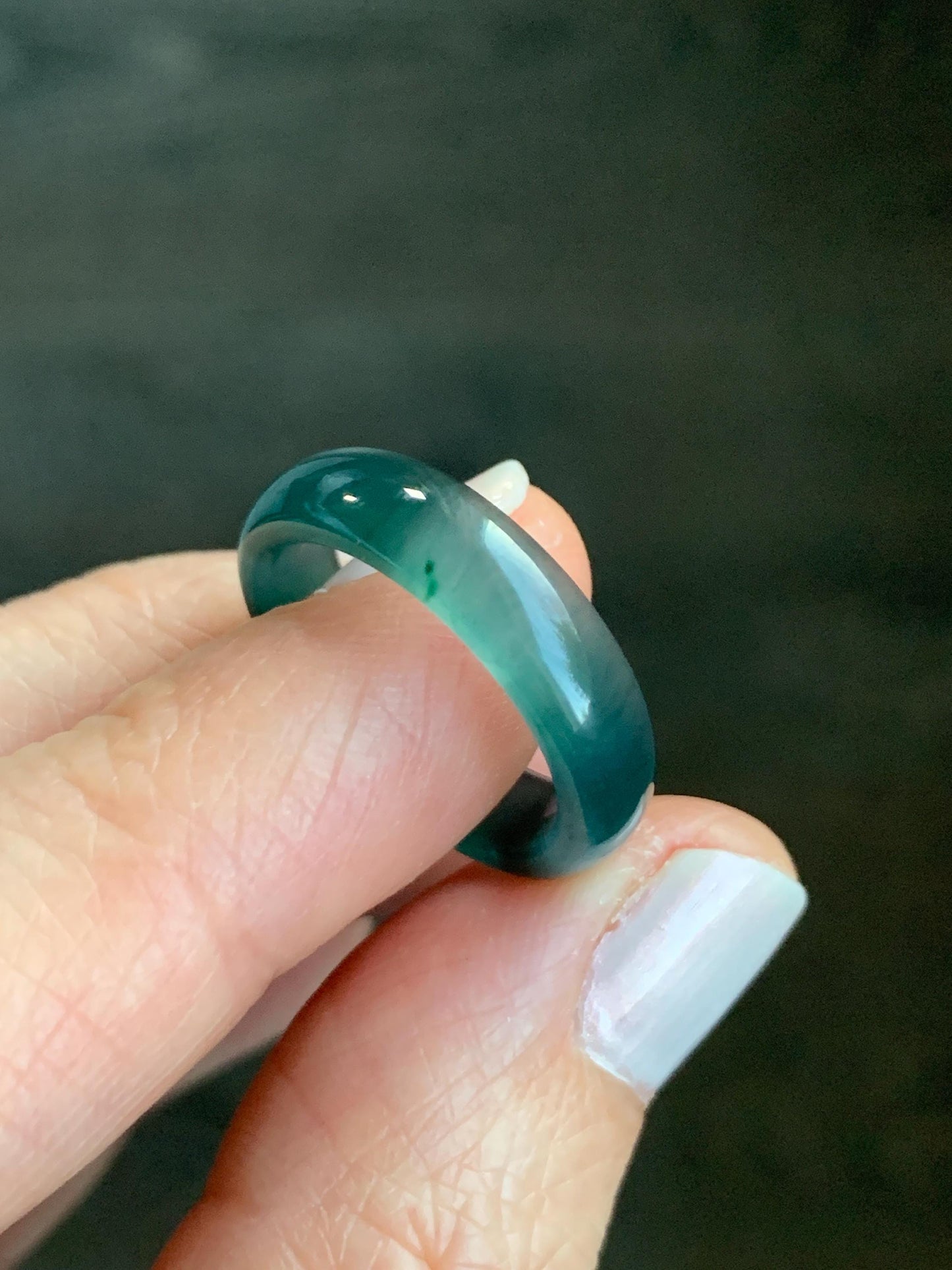 Natural Grade A Guatemalan Icy Highly Translucent Dark Teal Blue Jadeite Band Ring Size 6 US 天然冰危深蓝翡翠戒圈