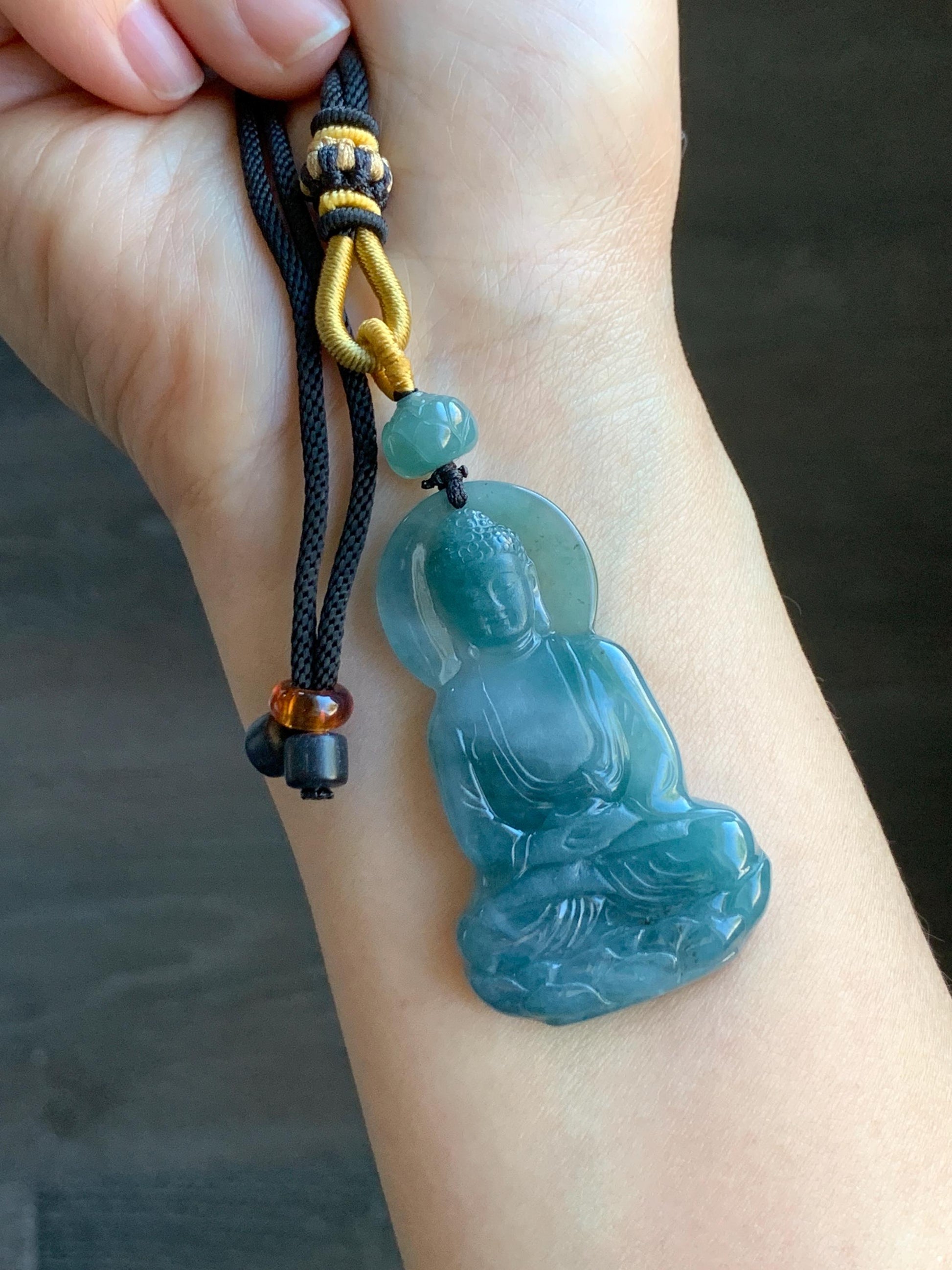 Natural Grade A Guatemalan Icy Translucent Gelatinous Teal Blue Jadeite Shakyamuni Buddha Pendant Rope Necklace 23.5" 20g 天然冰胶危蓝紫翡翠釋迦牟尼佛吊坠