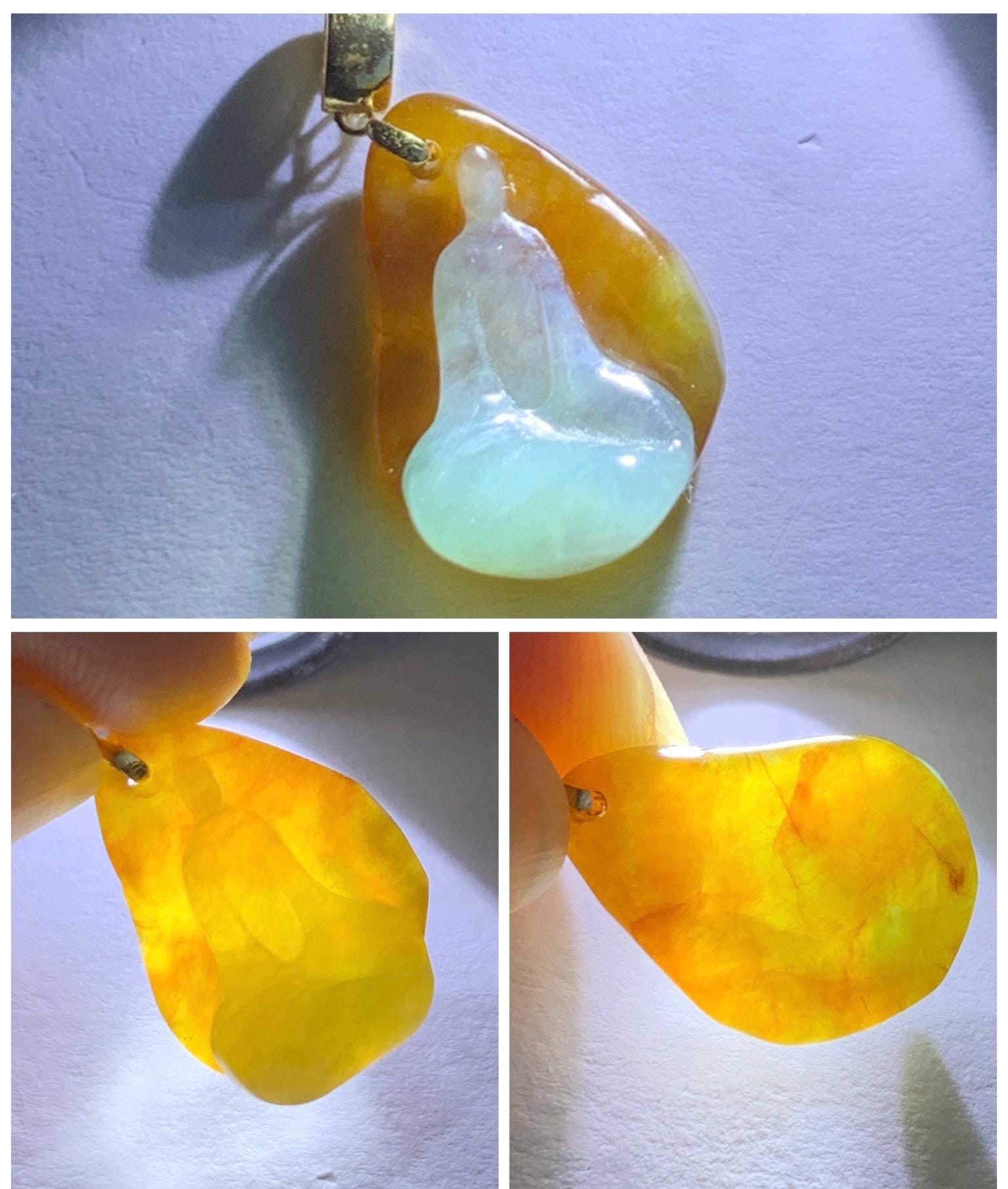 Petite Natural Grade A Bicolored Light Blue & Red Icy Translucent Jadeite Carved Chanting Monk Pendant 18K Yellow Gold