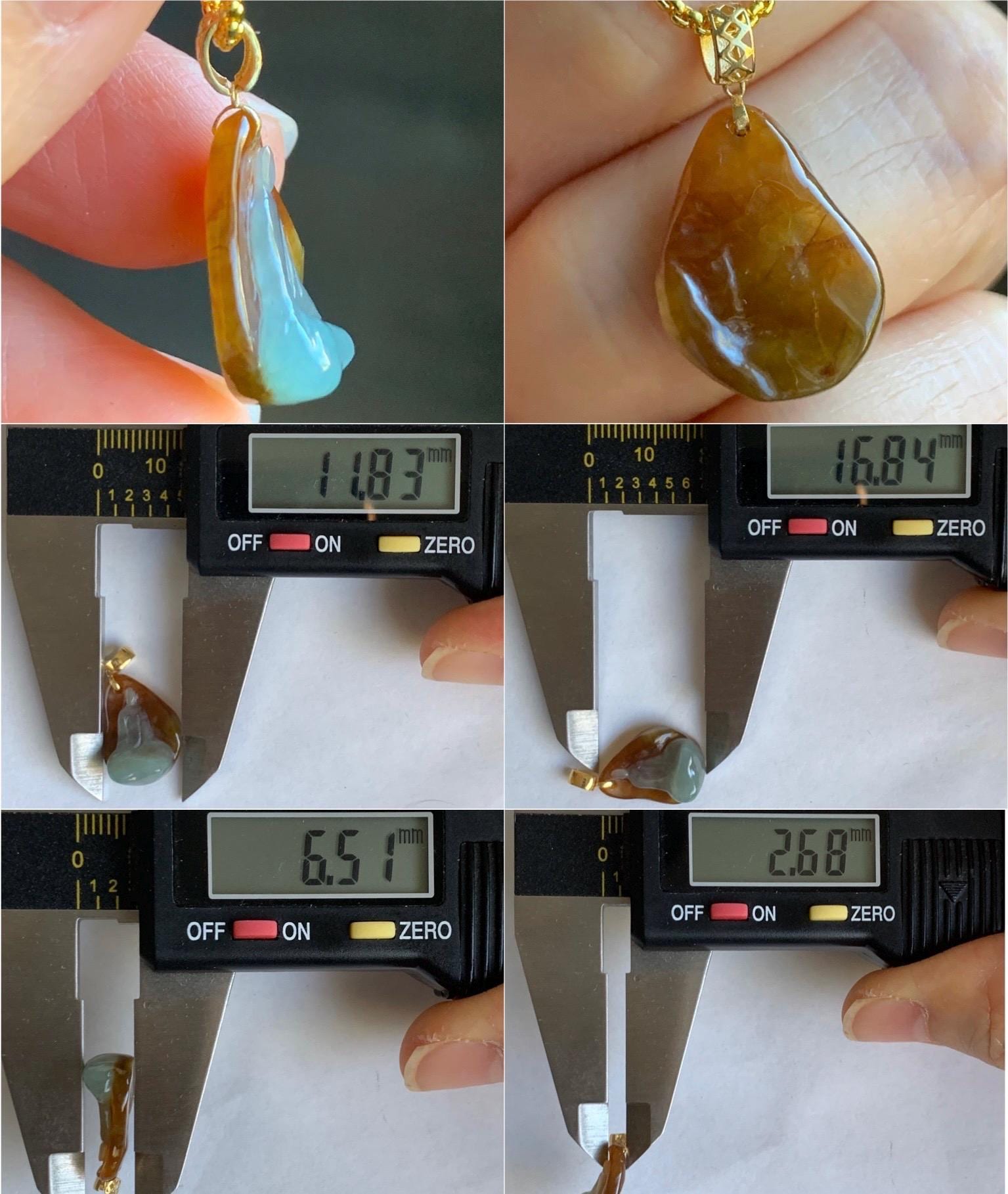 Petite Natural Grade A Bicolored Light Blue & Red Icy Translucent Jadeite Carved Chanting Monk Pendant 18K Yellow Gold 天然红加淡蓝双色翡翠悟道镶嵌迷你吊坠 A