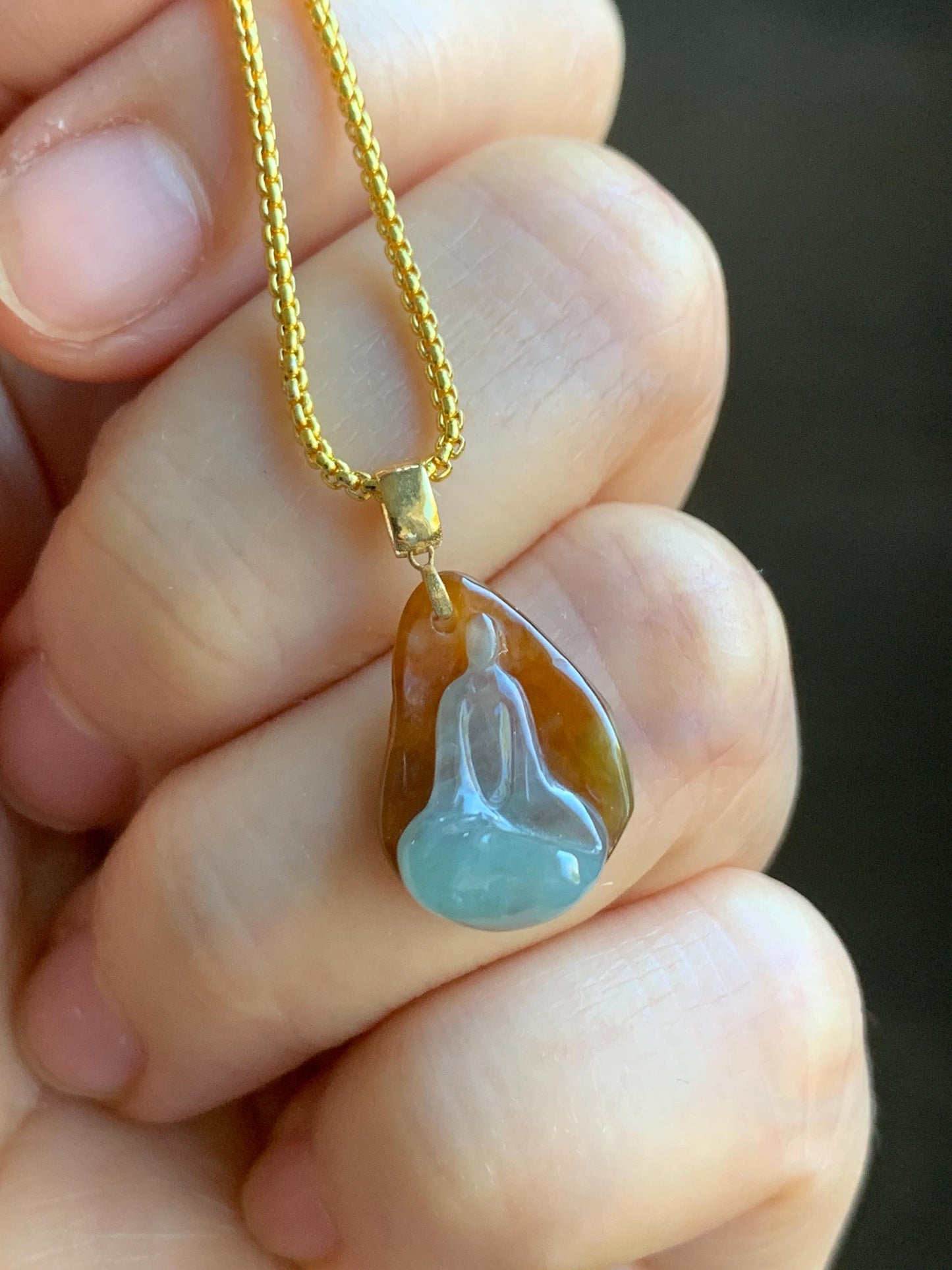 Petite Natural Grade A Bicolored Light Blue & Red Icy Translucent Jadeite Carved Chanting Monk Pendant 18K Yellow Gold 天然红加淡蓝双色翡翠悟道镶嵌迷你吊坠