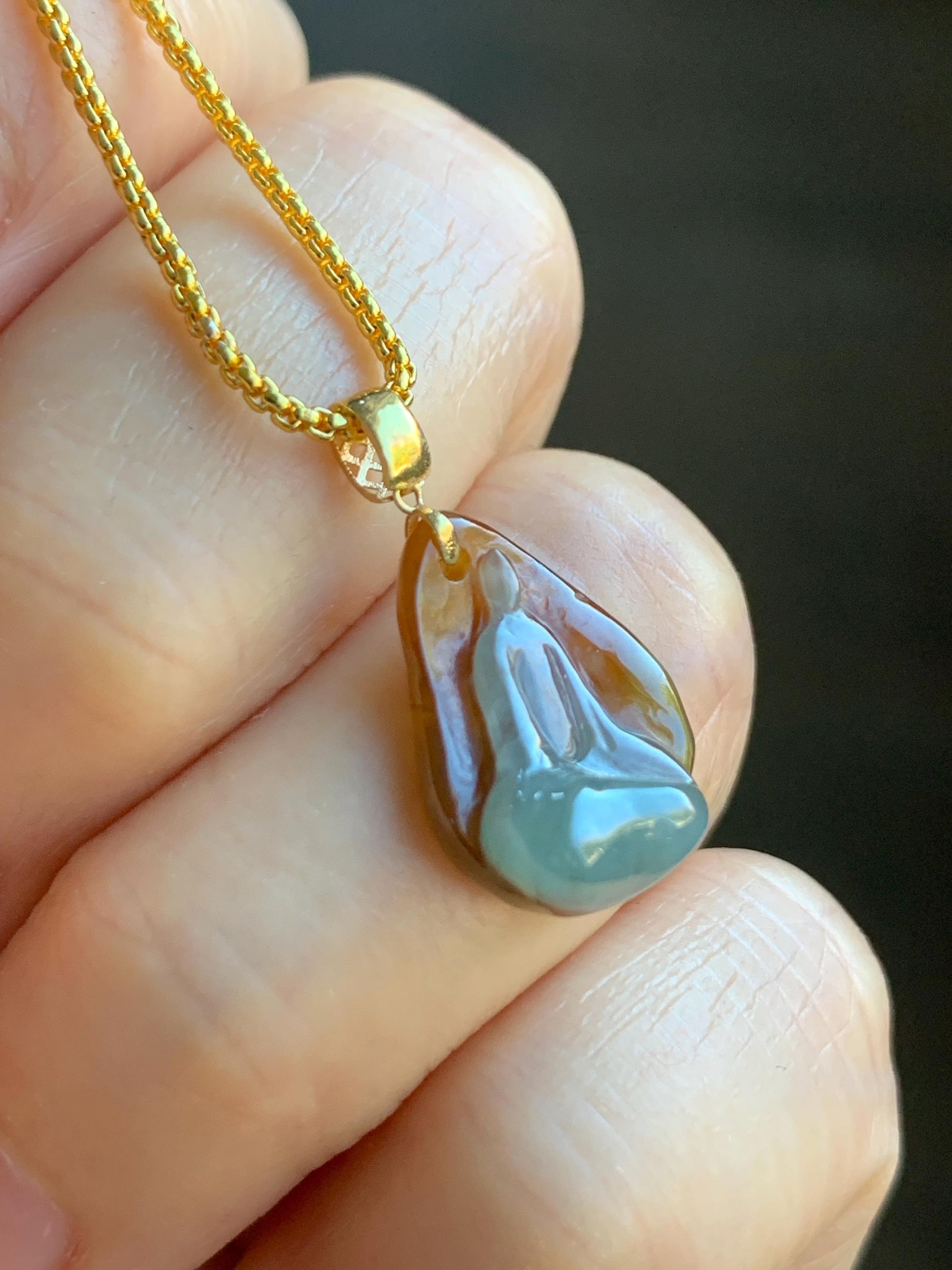 Petite Natural Grade A Bicolored Light Blue & Red Icy Translucent Jadeite Carved Chanting Monk Pendant 18K Yellow Gold